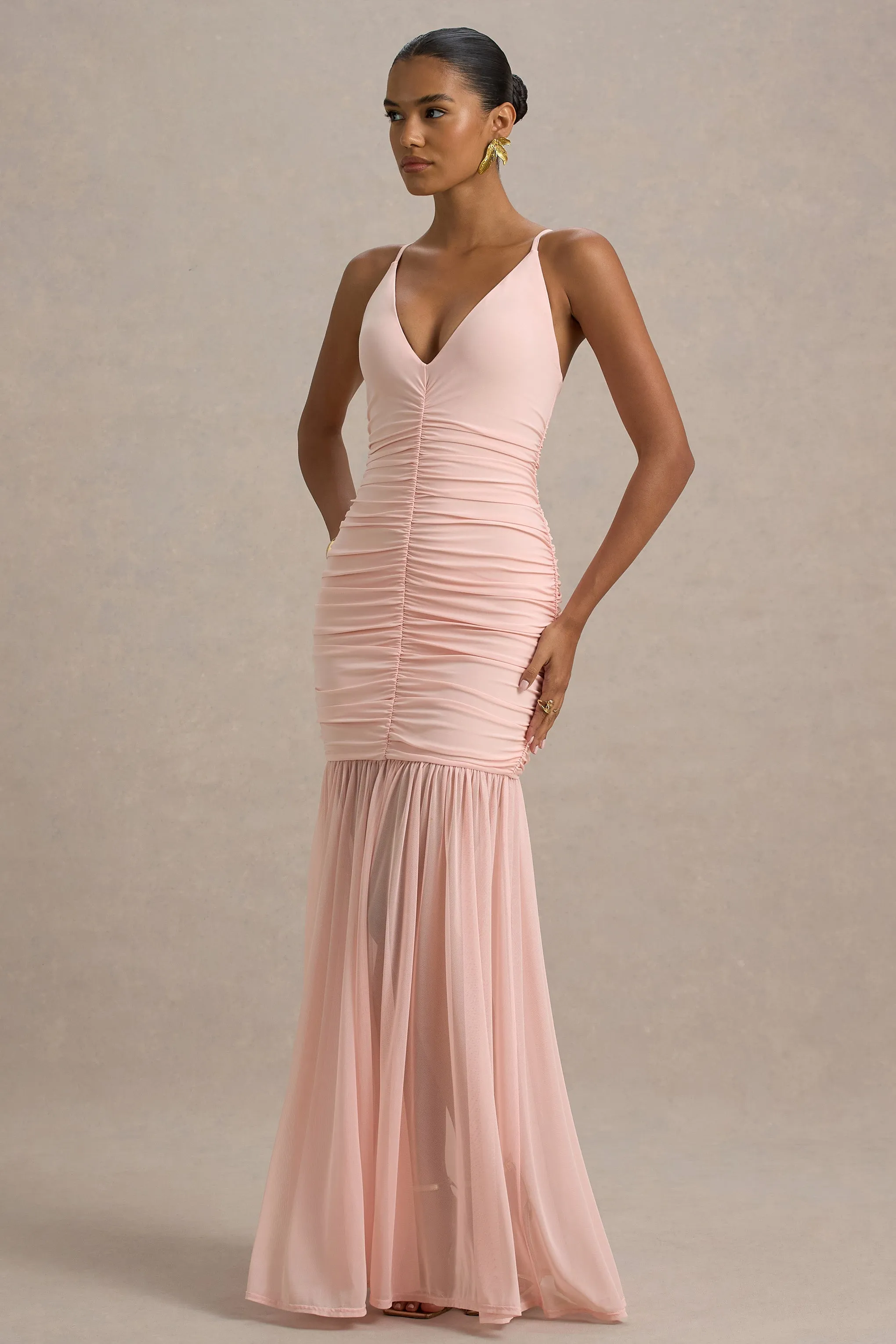 Pasqualina | Pink Ruched Plunge-Neck Maxi Dress Club L London