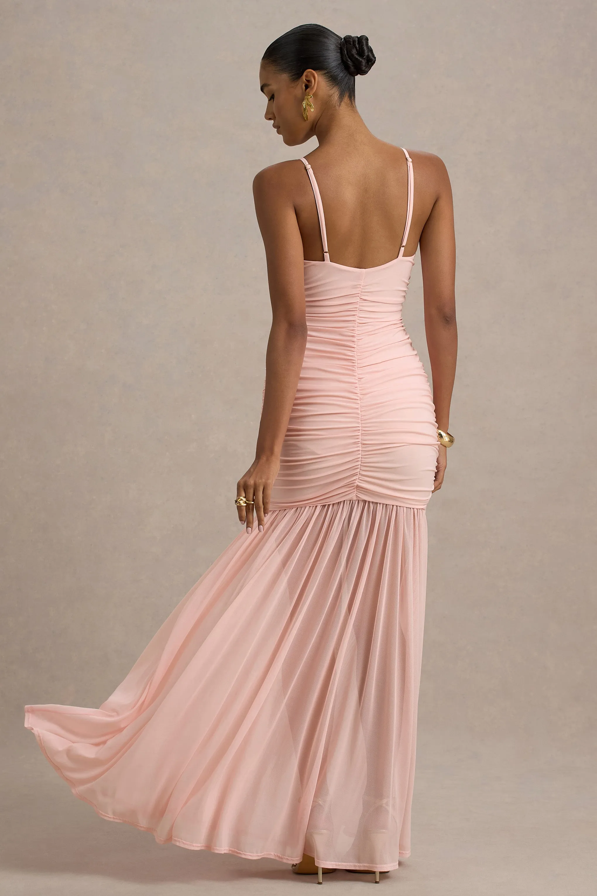 Pasqualina | Pink Ruched Plunge-Neck Maxi Dress Club L London