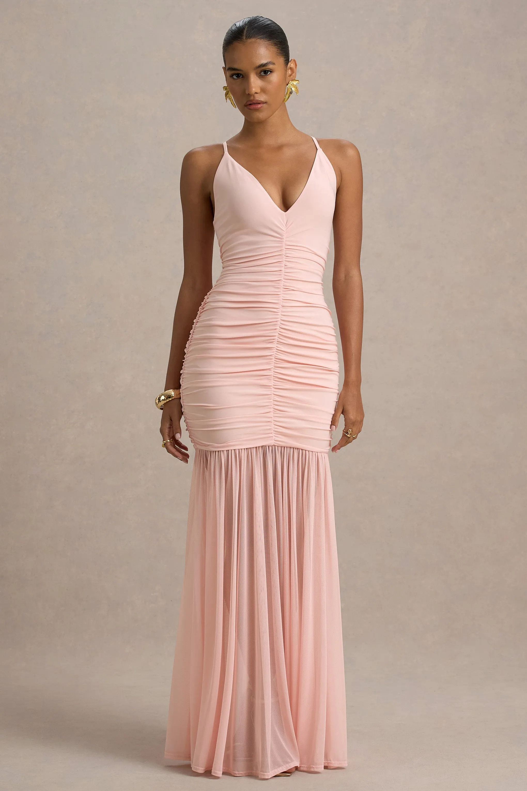Pasqualina | Pink Ruched Plunge-Neck Maxi Dress Club L London