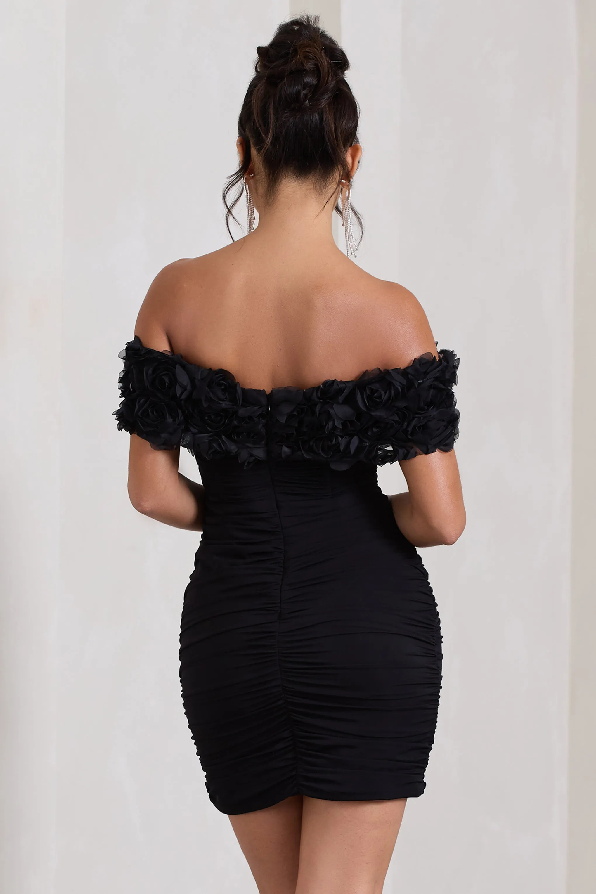 Pass A Glass | Black Ruched Bardot Micro Mini Dress With Flowers Club L London