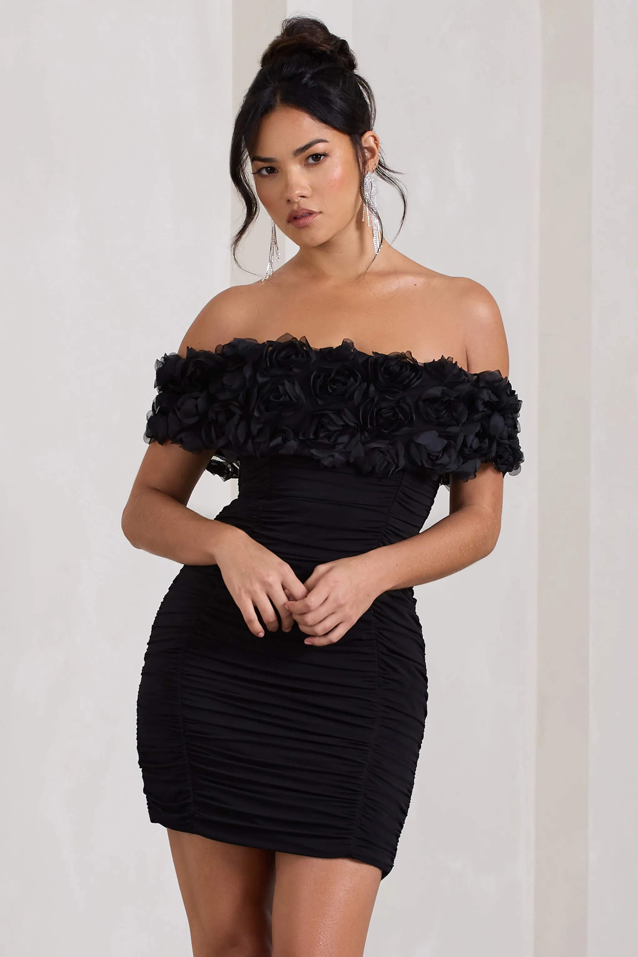 Pass A Glass | Black Ruched Bardot Micro Mini Dress With Flowers Club L London