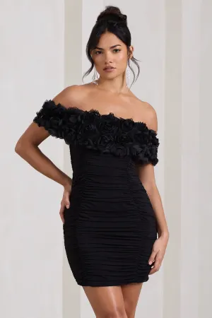 Pass A Glass | Black Ruched Bardot Micro Mini Dress With Flowers Club L London