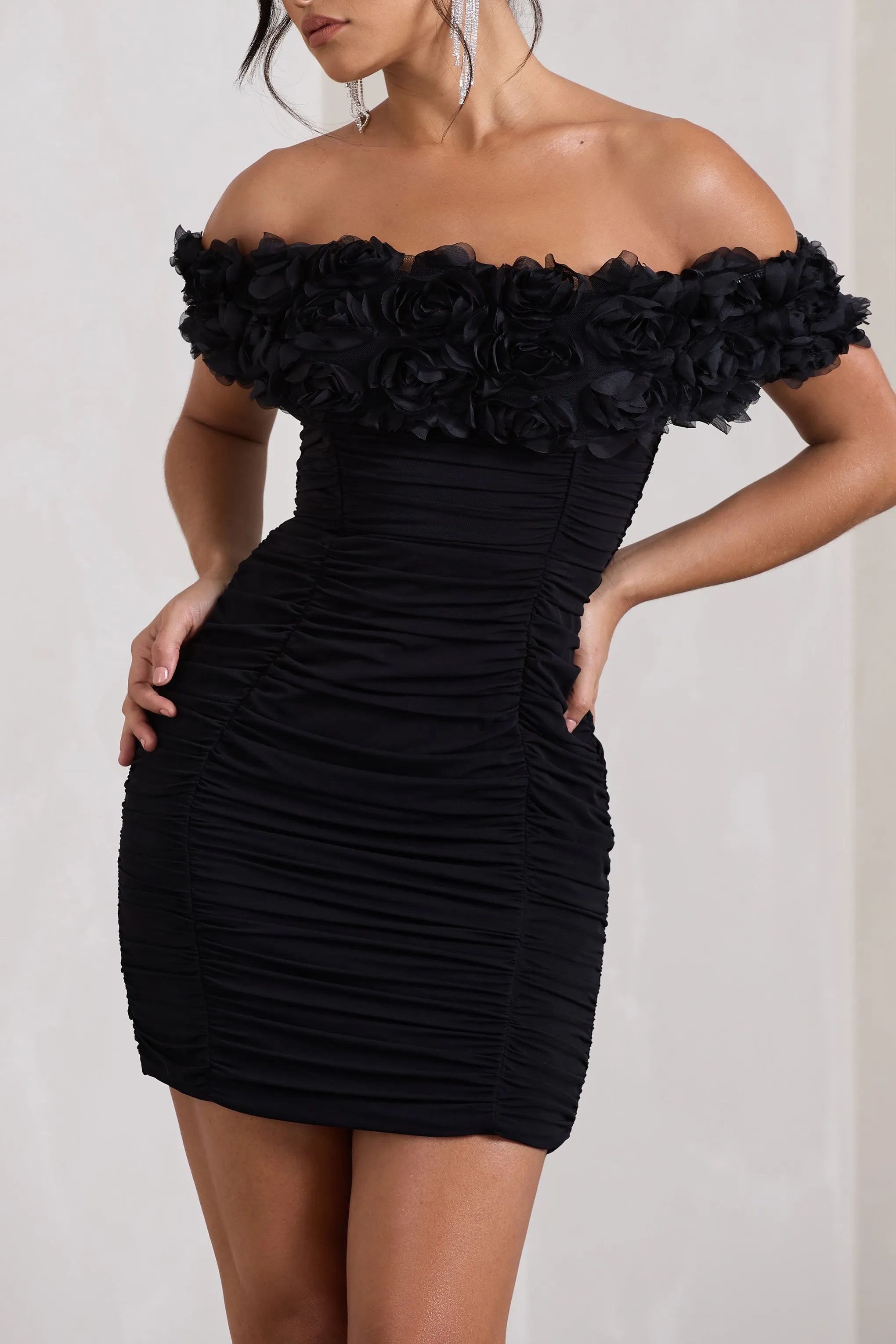 Pass A Glass | Black Ruched Bardot Micro Mini Dress With Flowers Club L London