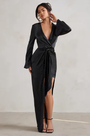 Patricia | Black Extreme Plunge Long Sleeve Maxi Dress With Tie Detail Club L London