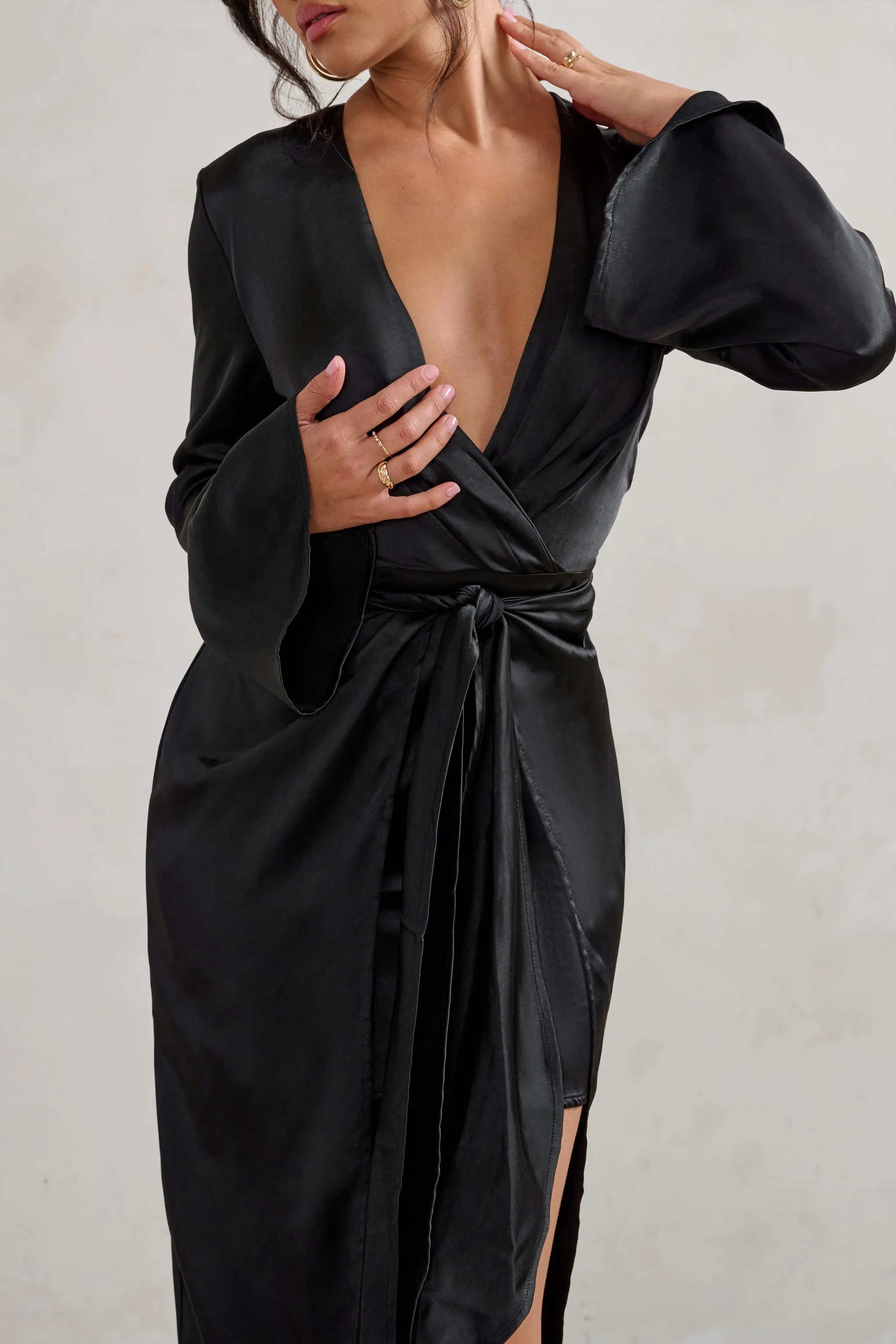Patricia | Black Extreme Plunge Long Sleeve Maxi Dress With Tie Detail Club L London