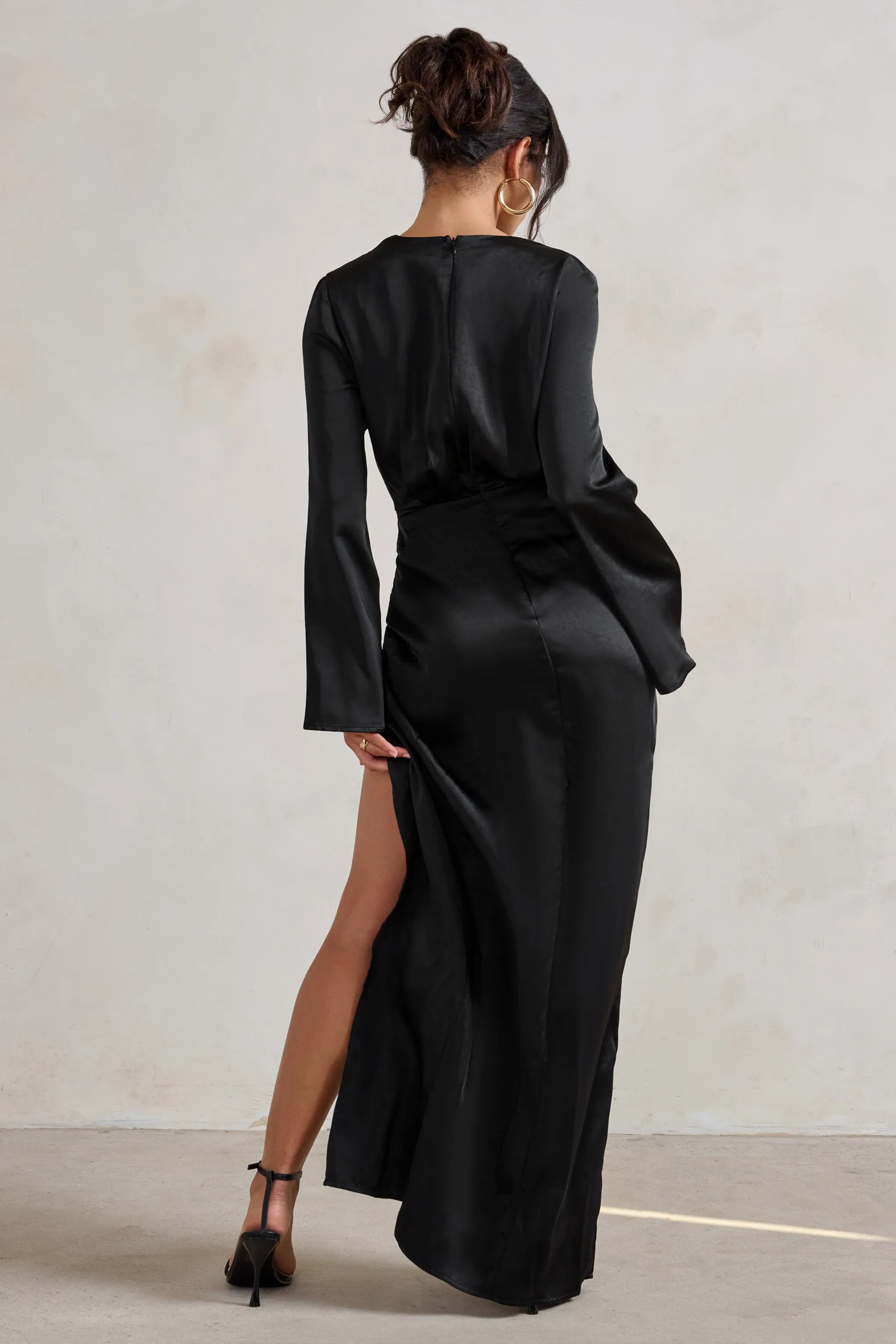 Patricia | Black Extreme Plunge Long Sleeve Maxi Dress With Tie Detail Club L London