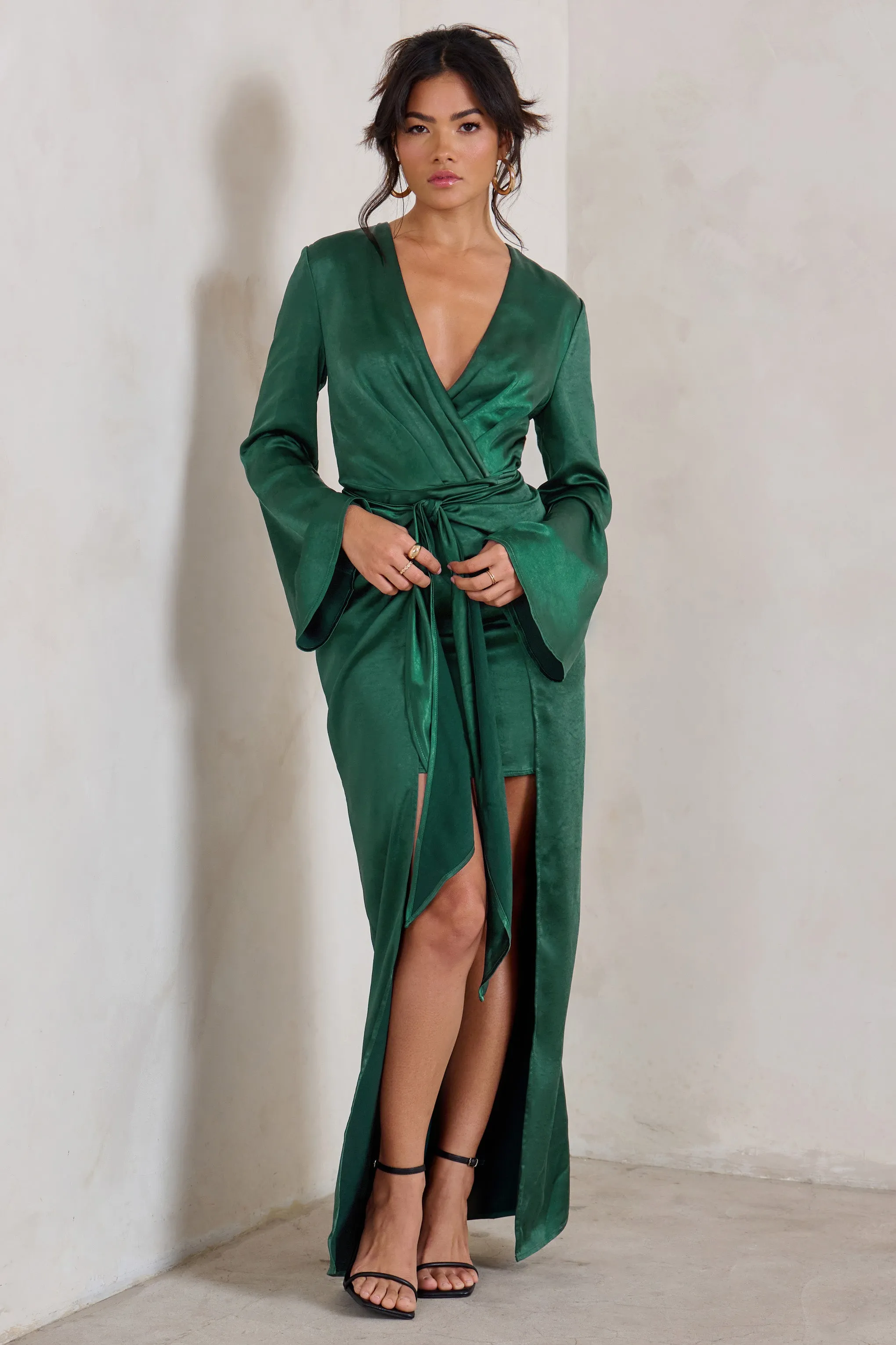 Patricia | Green Extreme Plunge Long Sleeve Maxi Dress With Tie Detail Club L London