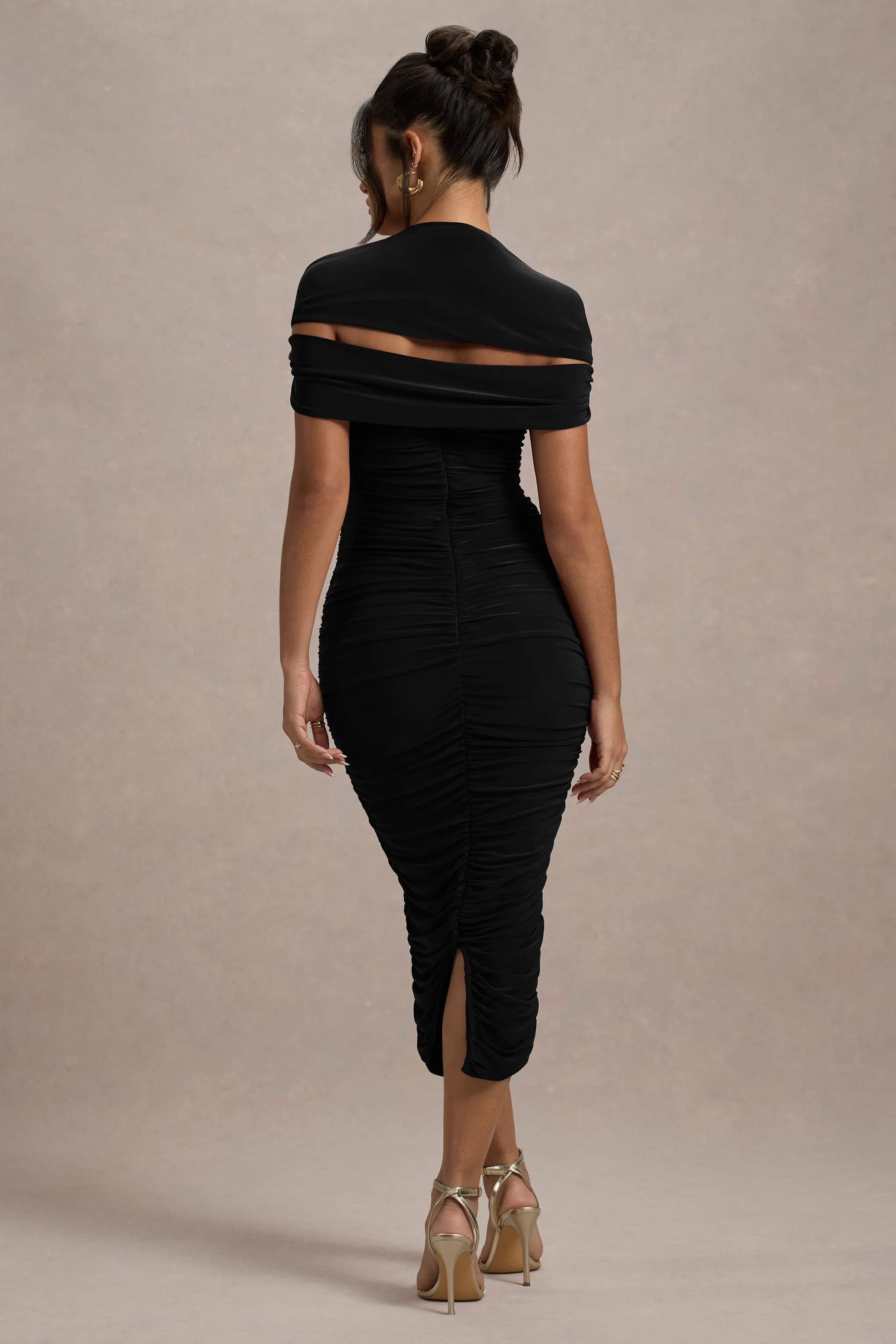 Paxos | Black Ruched Short-Sleeve Midi Dress Club L London