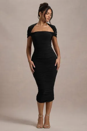Paxos | Black Ruched Short-Sleeve Midi Dress Club L London