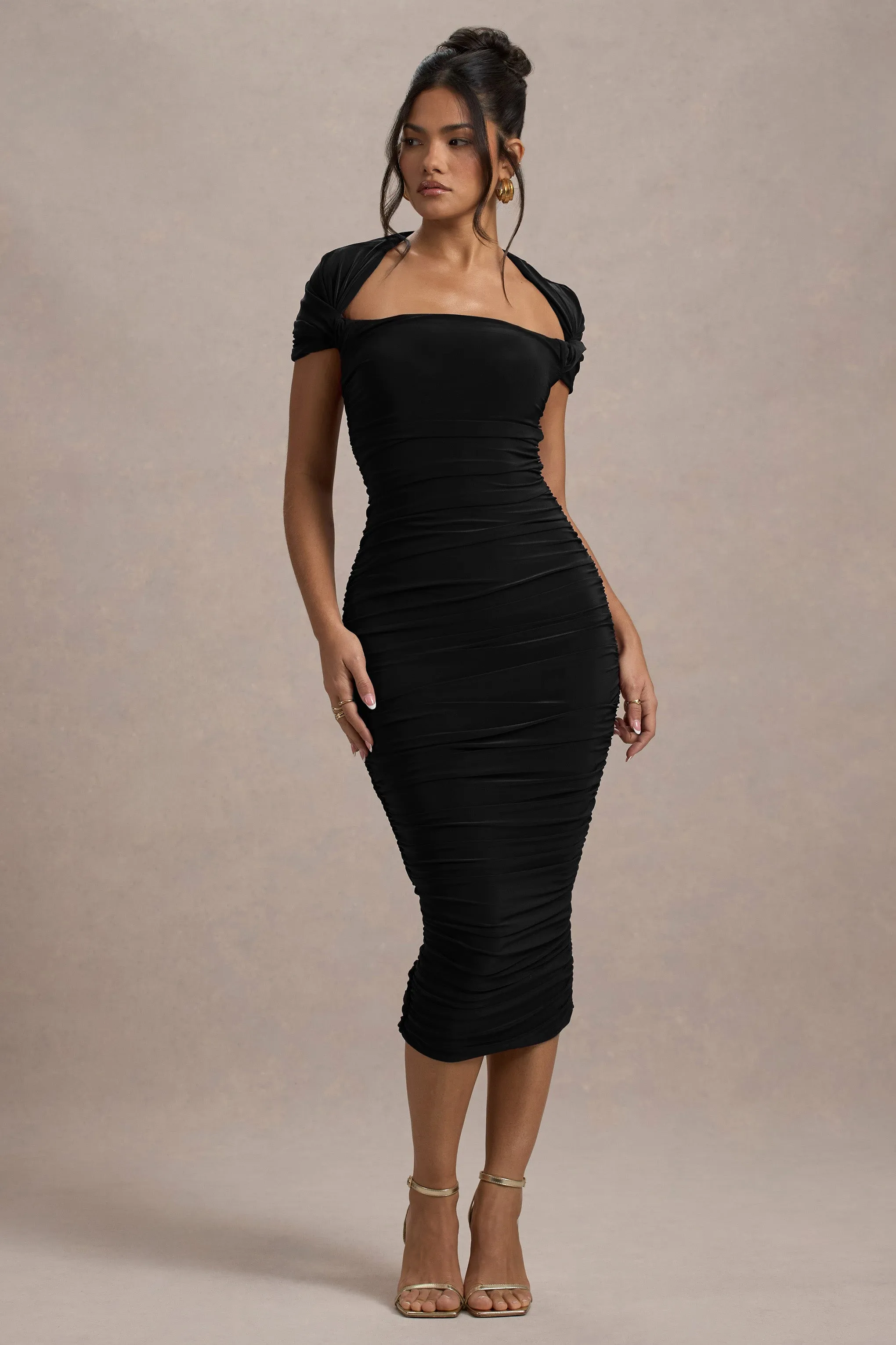 Paxos | Black Ruched Short-Sleeve Midi Dress Club L London