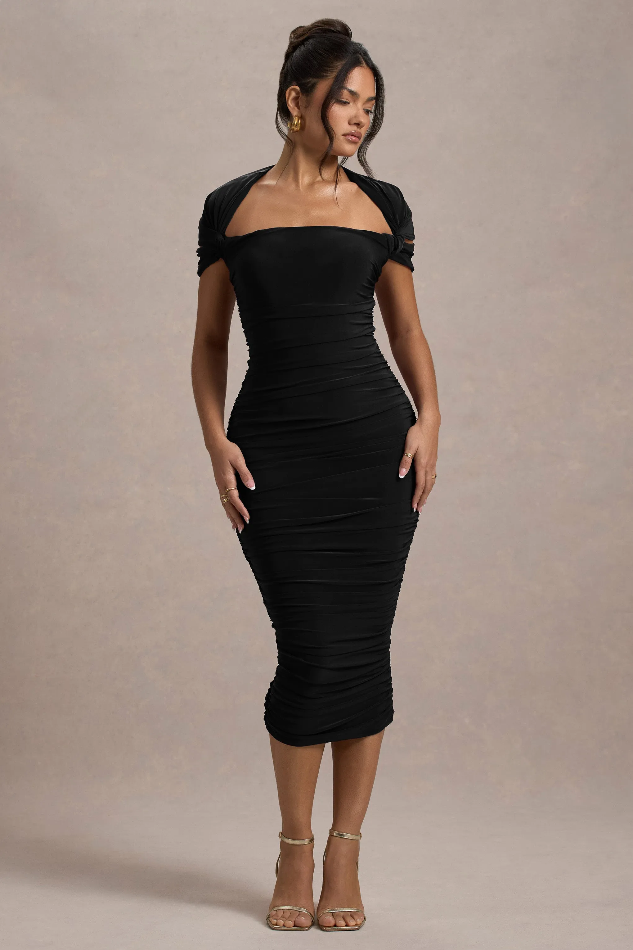 Paxos | Black Ruched Short-Sleeve Midi Dress Club L London