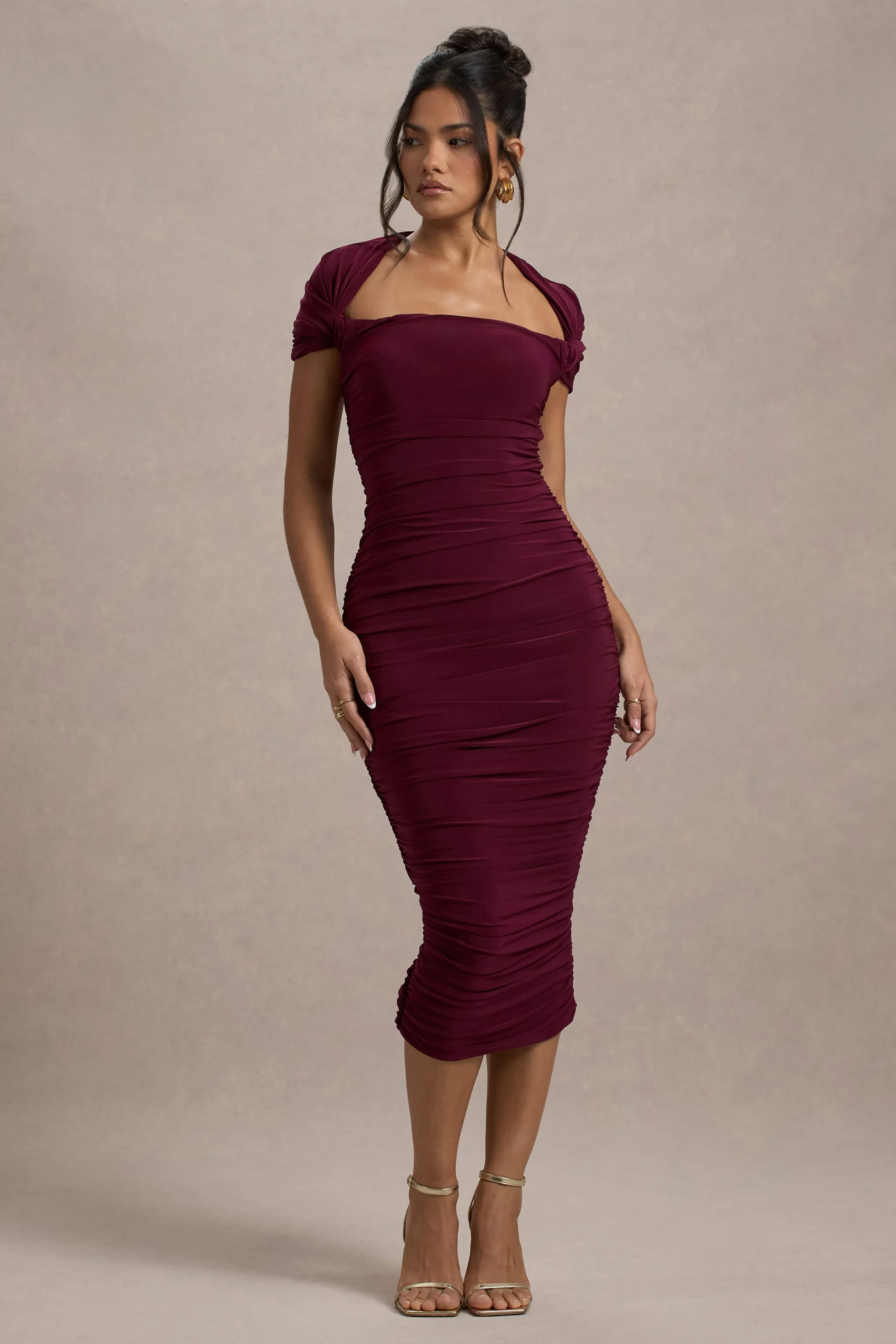 Paxos | Burgundy Ruched Short-Sleeve Midi Dress Club L London
