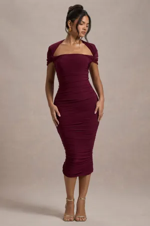 Paxos | Burgundy Ruched Short-Sleeve Midi Dress Club L London