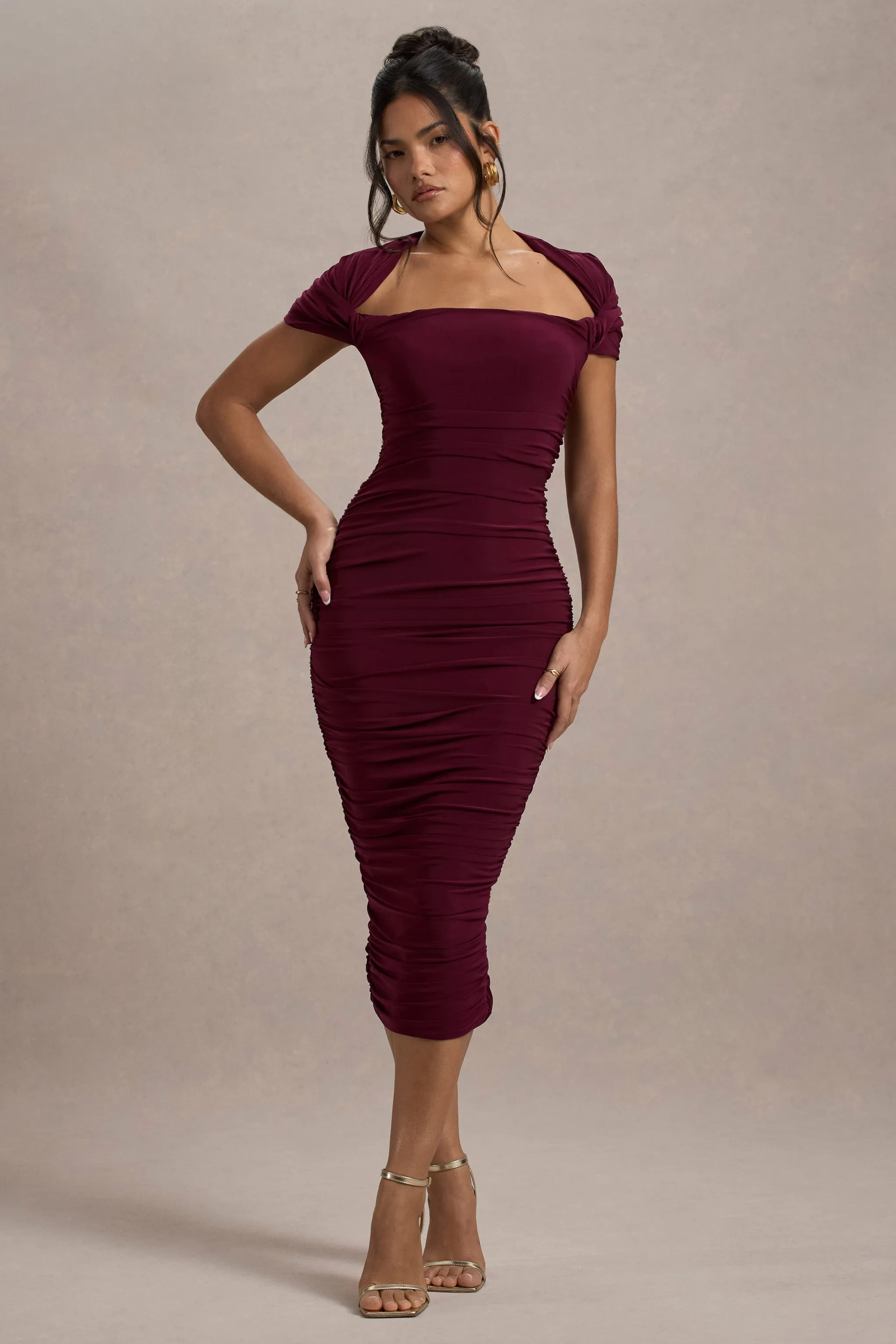 Paxos | Burgundy Ruched Short-Sleeve Midi Dress Club L London