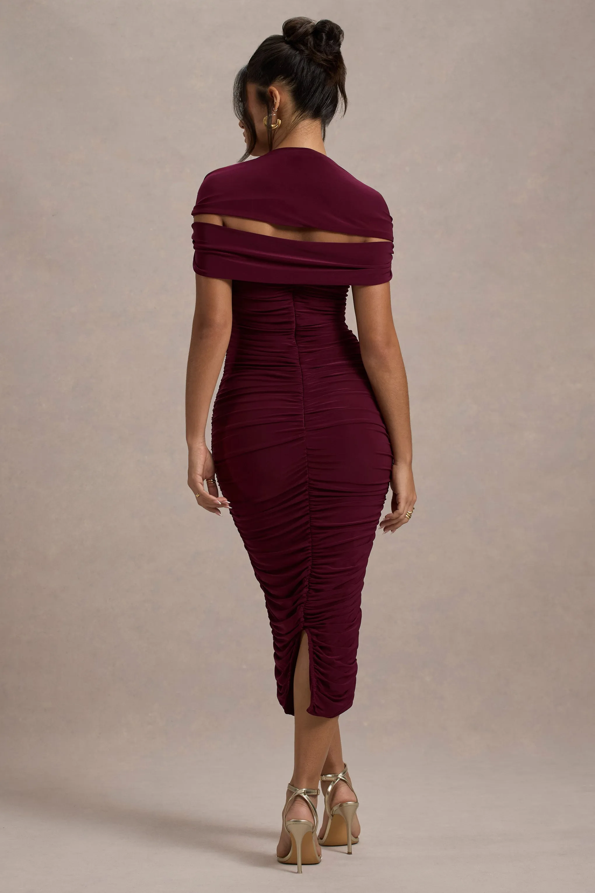Paxos | Burgundy Ruched Short-Sleeve Midi Dress Club L London