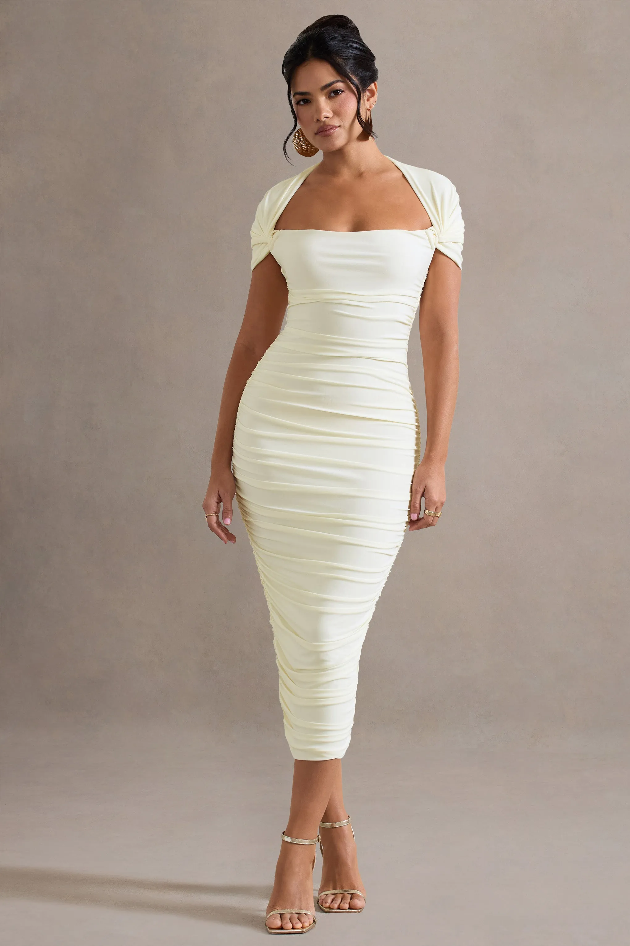 Paxos | Ecru Ruched Short-Sleeve Midi Dress Club L London