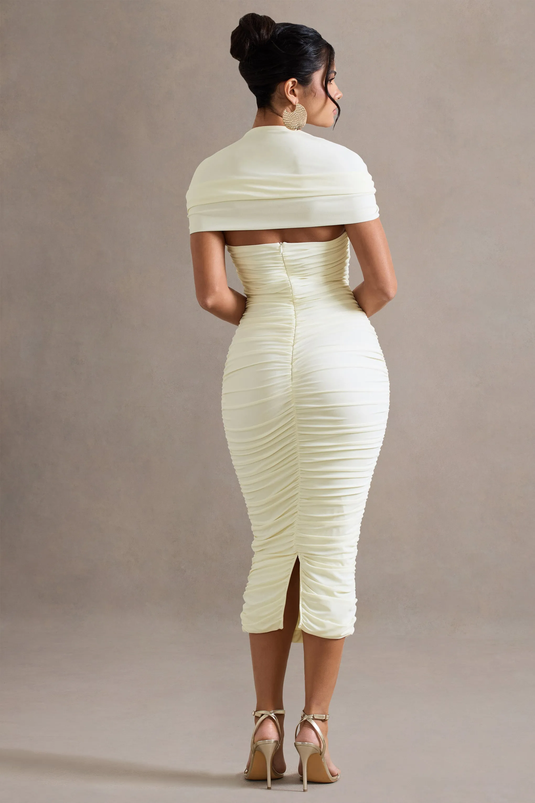 Paxos | Ecru Ruched Short-Sleeve Midi Dress Club L London