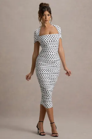 Paxos | White Polka Dot Ruched Short-Sleeve Midi Dress Club L London