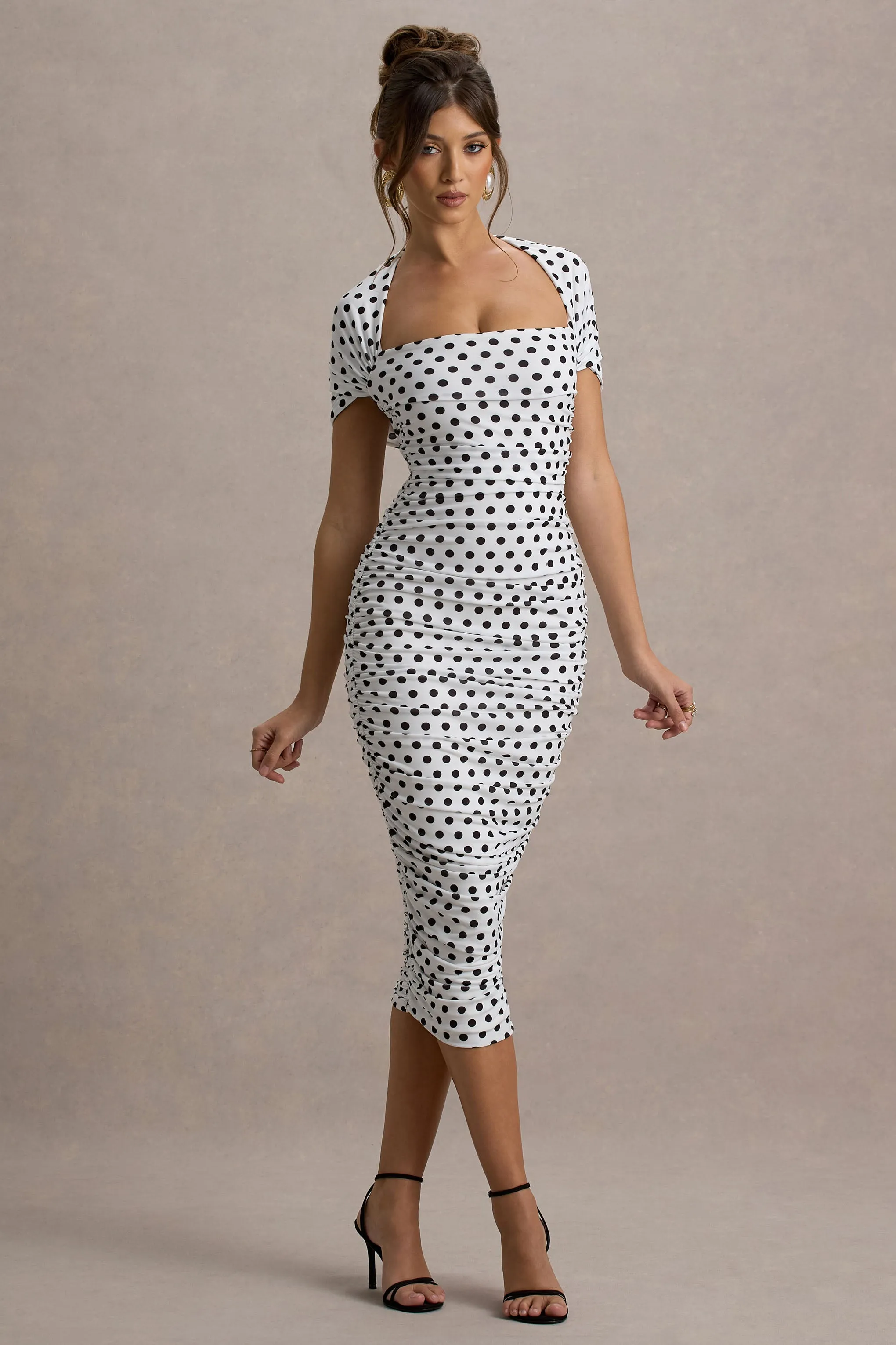 Paxos | White Polka Dot Ruched Short-Sleeve Midi Dress Club L London