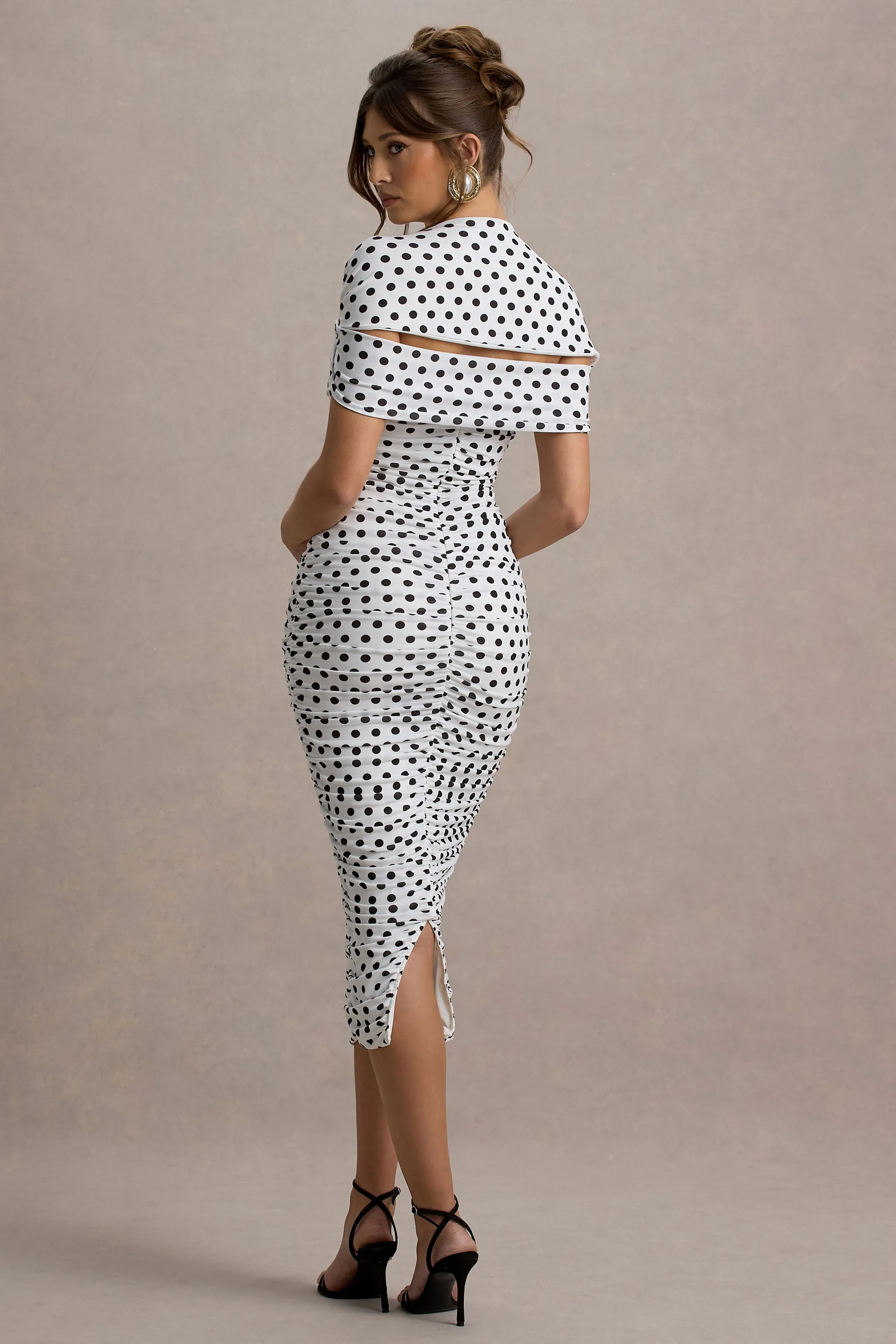 Paxos | White Polka Dot Ruched Short-Sleeve Midi Dress Club L London