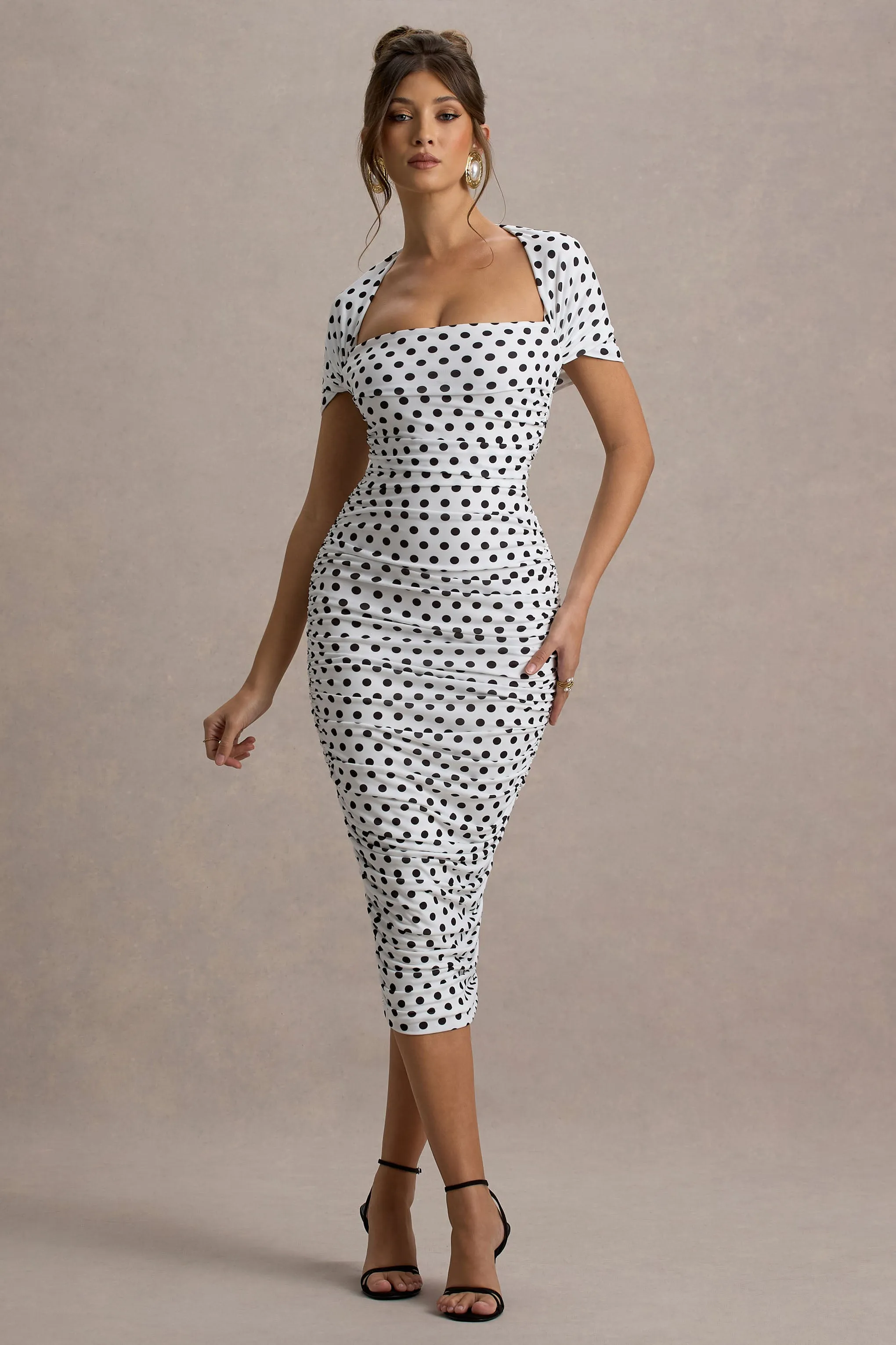 Paxos | White Polka Dot Ruched Short-Sleeve Midi Dress Club L London