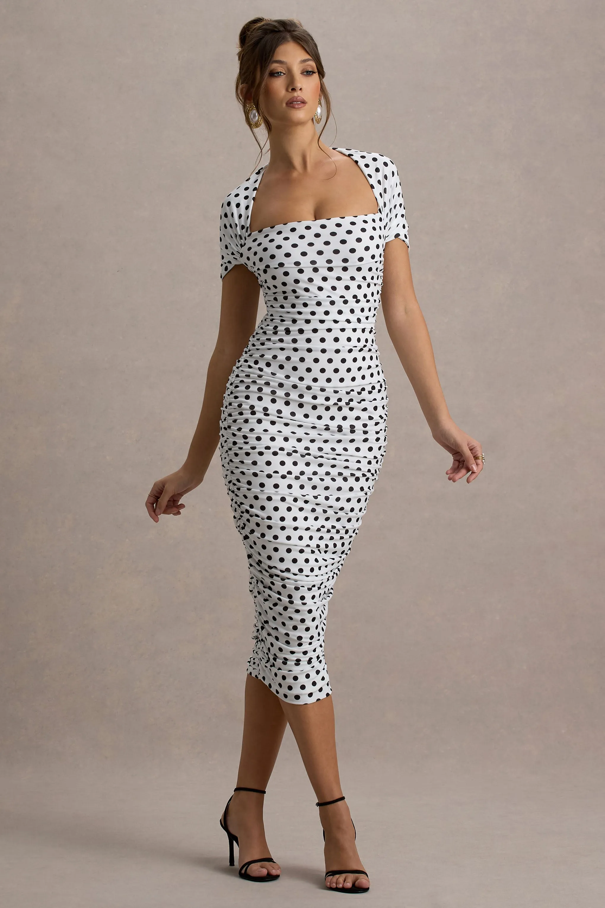 Paxos | White Polka Dot Ruched Short-Sleeve Midi Dress Club L London