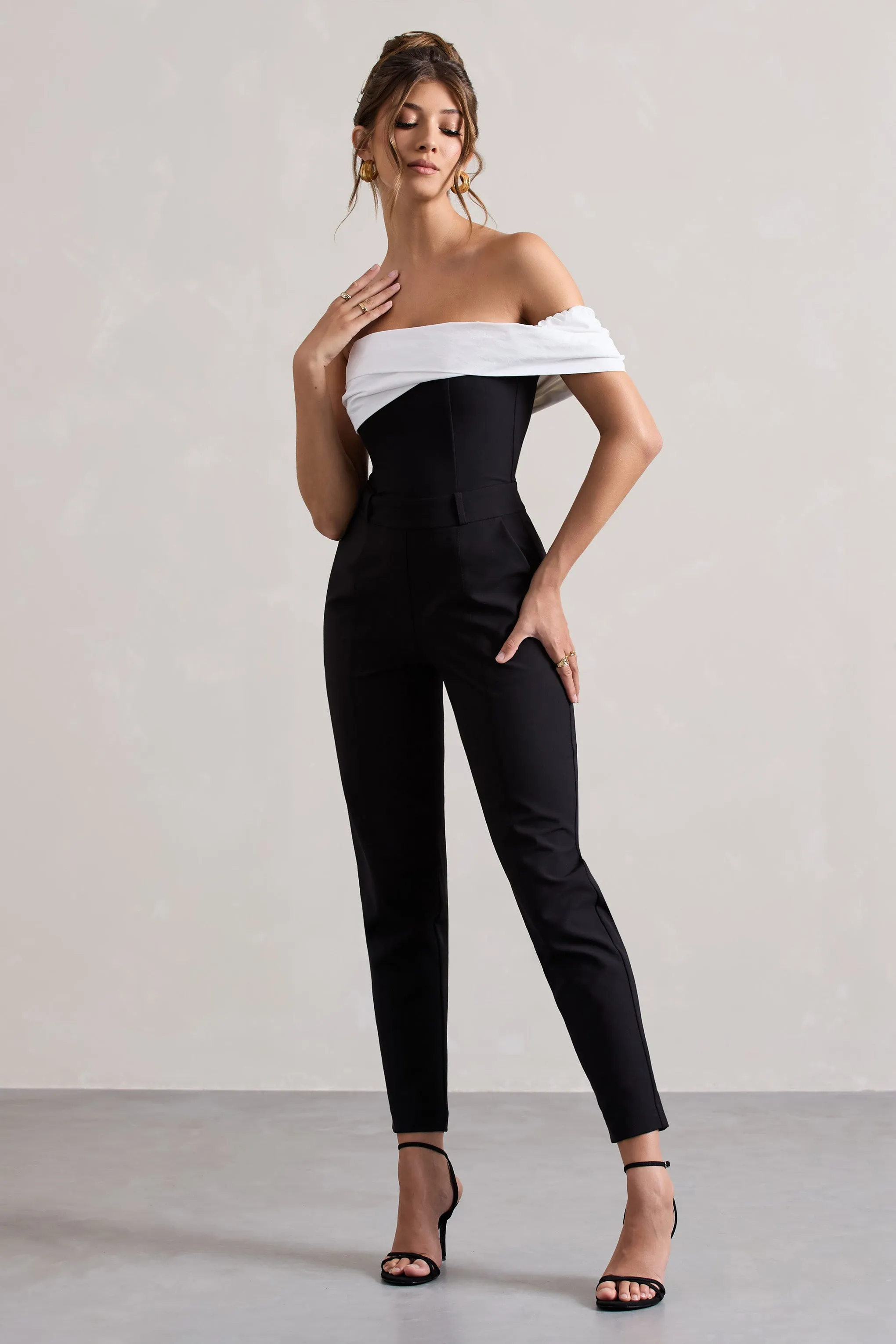 Paxton | Black Twisted Bardot Tailored Jumpsuit Club L London