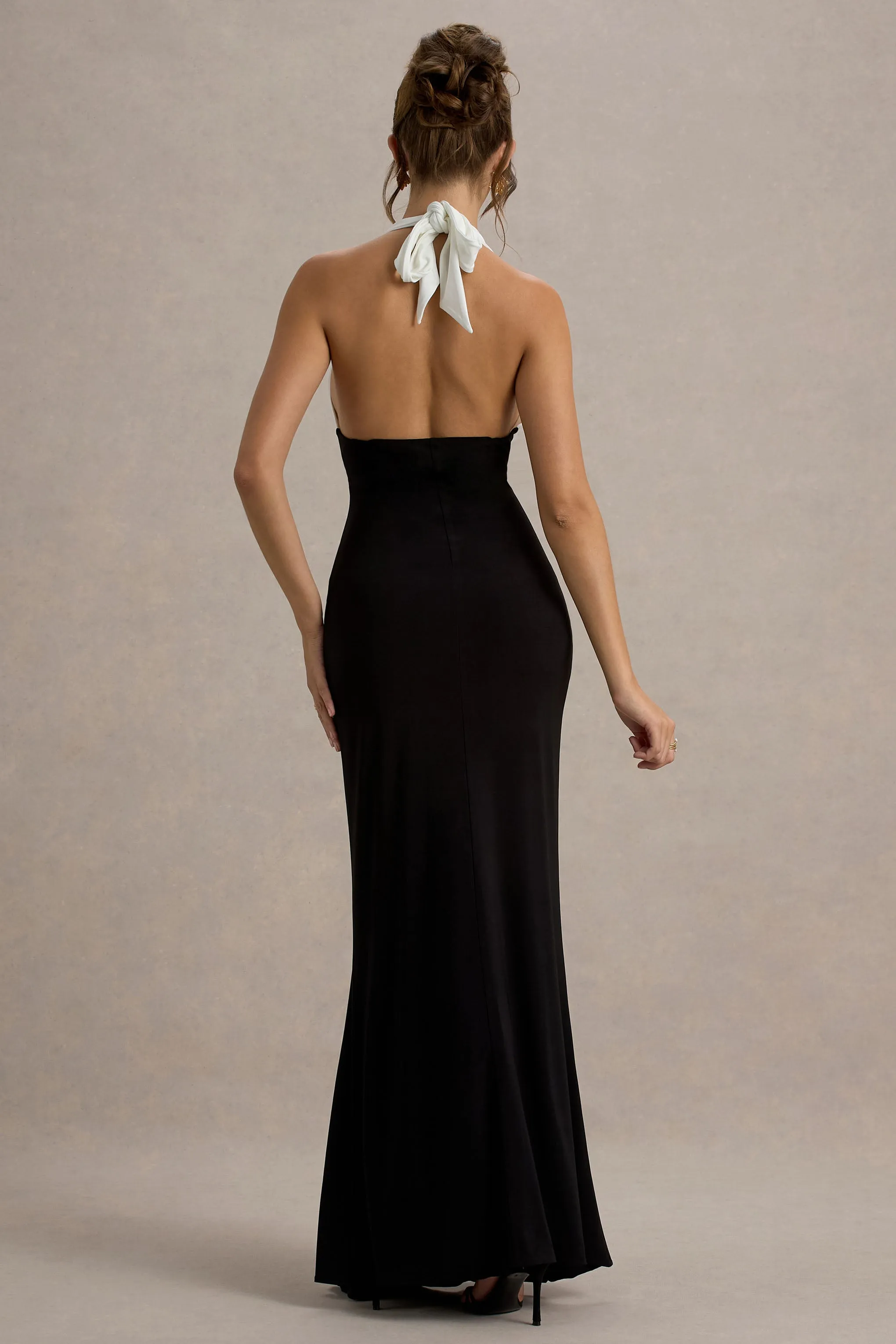 Payton | Black & White Ruched Halter-Neck Maxi Dress Club L London