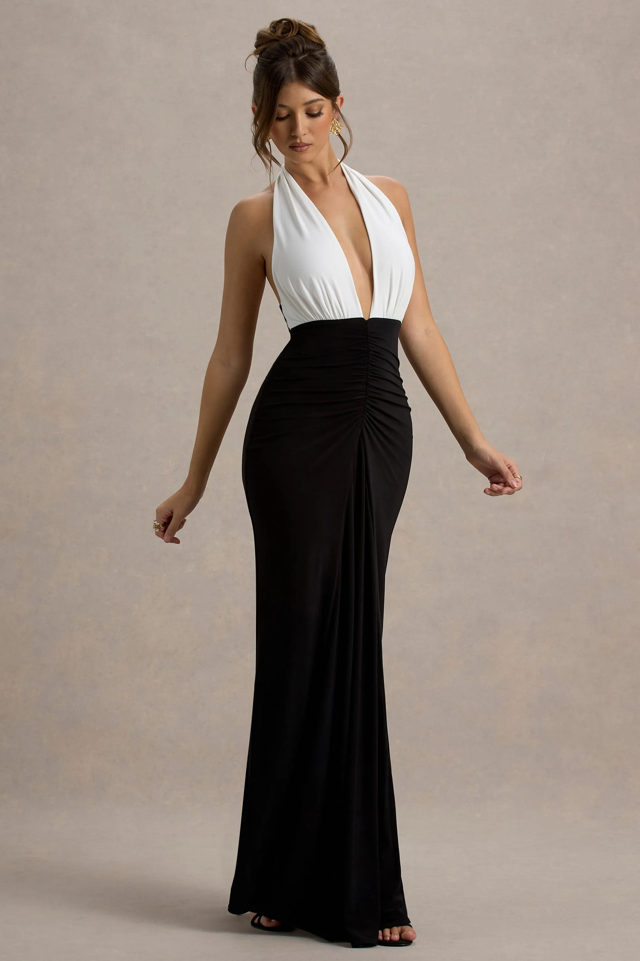 Payton | Black & White Ruched Halter-Neck Maxi Dress Club L London