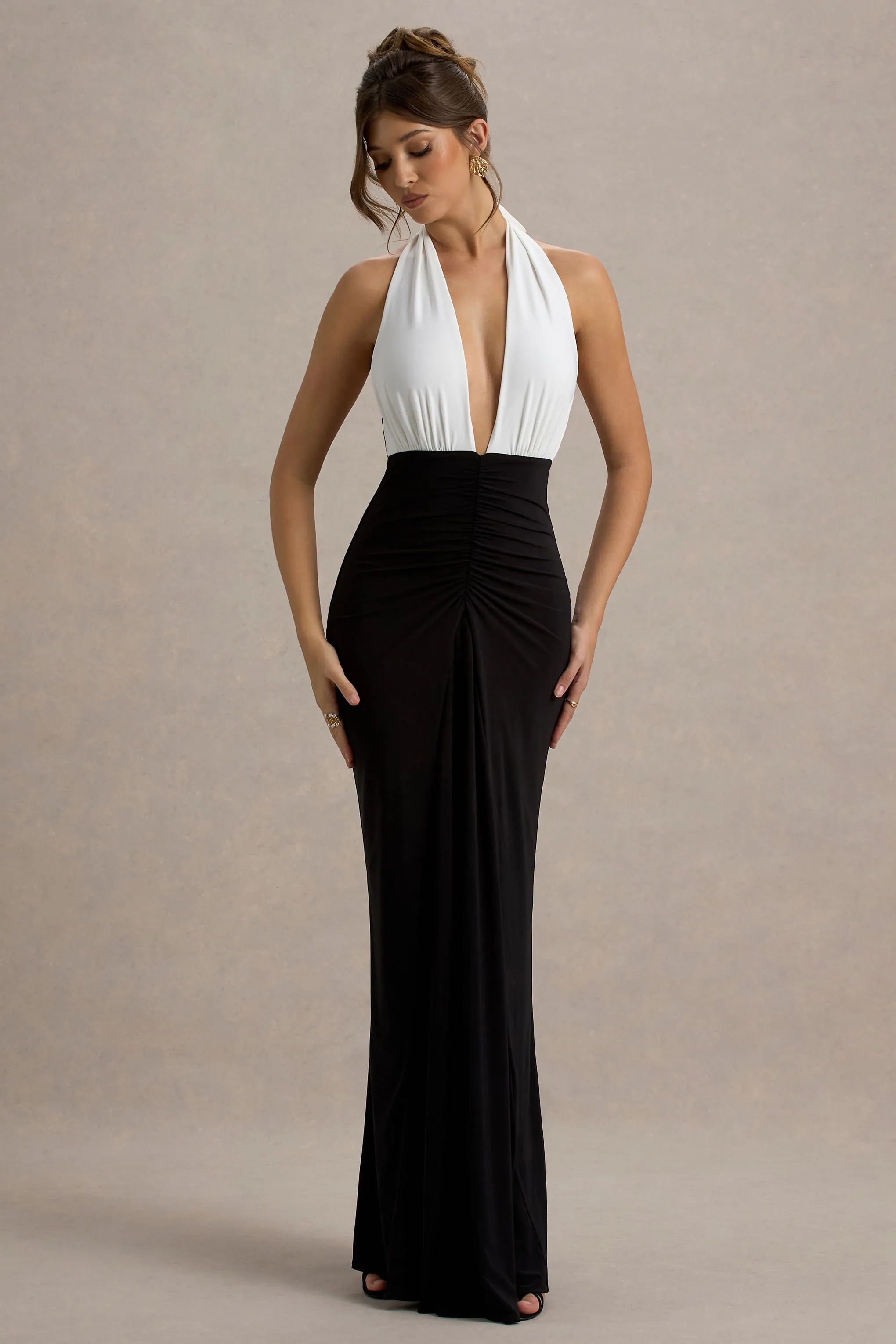 Payton | Black & White Ruched Halter-Neck Maxi Dress Club L London