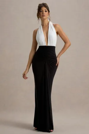 Payton | Black & White Ruched Halter-Neck Maxi Dress Club L London