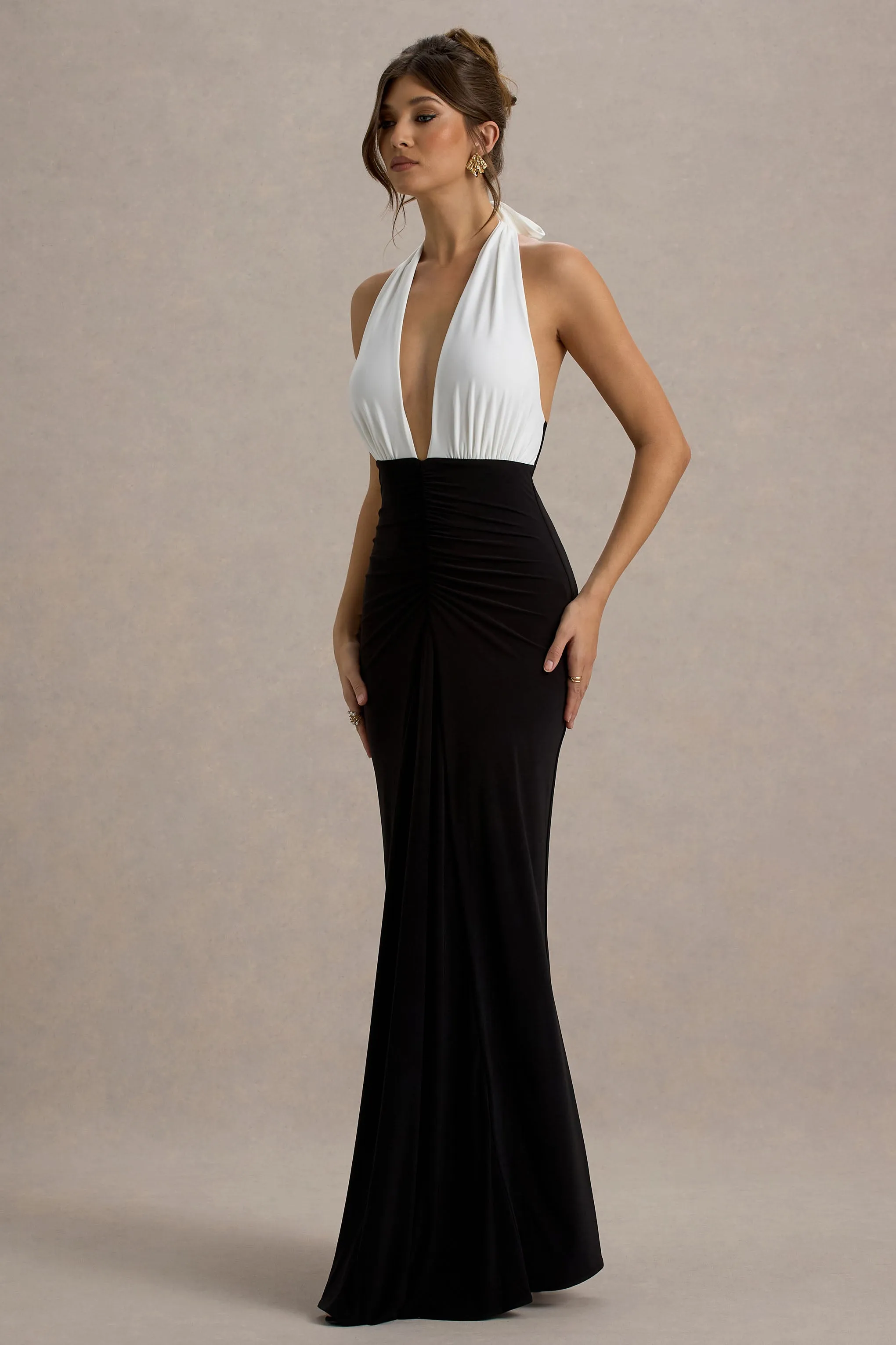 Payton | Black & White Ruched Halter-Neck Maxi Dress Club L London