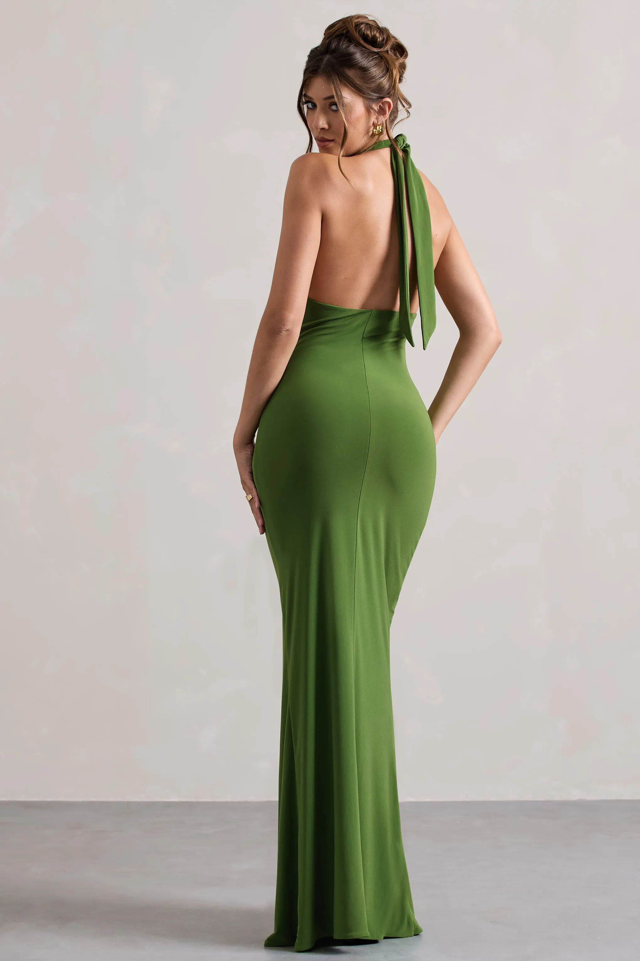 Payton | Palm Green Ruched Halter-Neck Maxi Dress Club L London