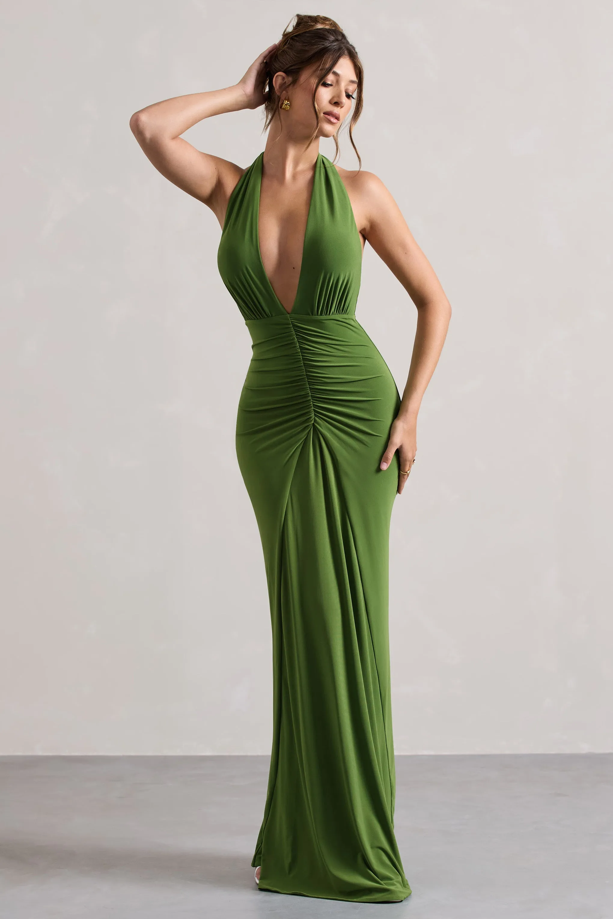 Payton | Palm Green Ruched Halter-Neck Maxi Dress Club L London