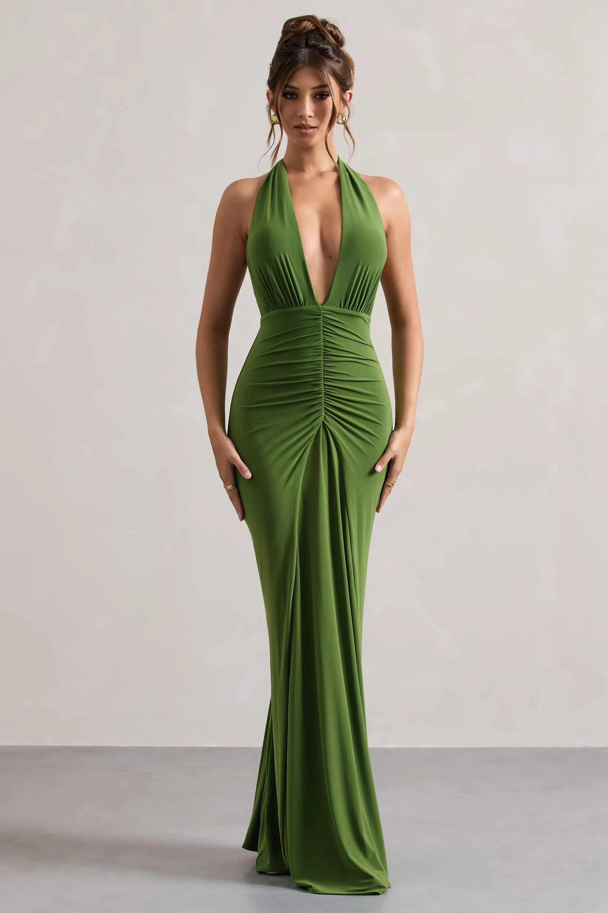 Payton | Palm Green Ruched Halter-Neck Maxi Dress Club L London