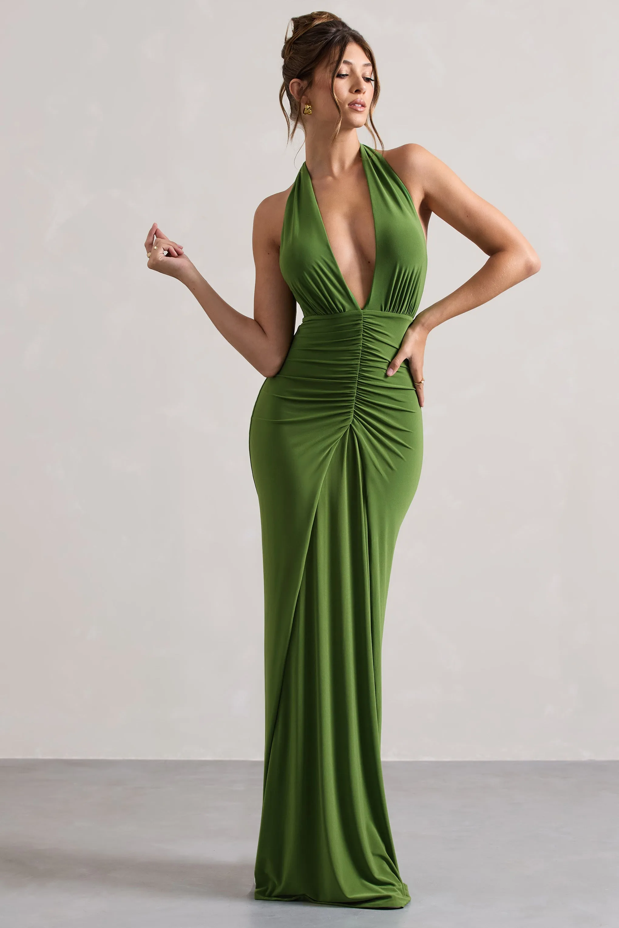 Payton | Palm Green Ruched Halter-Neck Maxi Dress Club L London