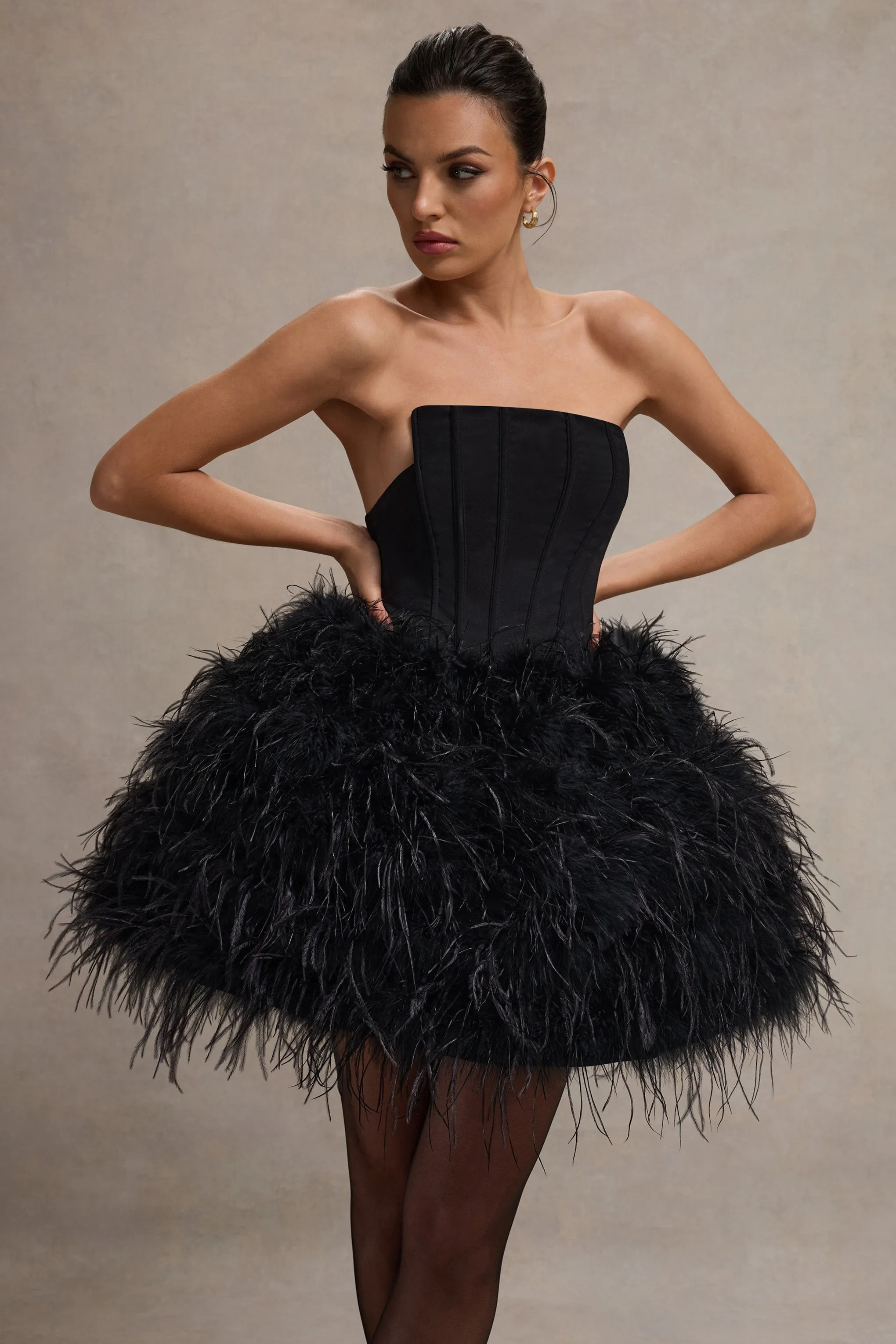 Peaches | Black Strapless Mini Dress With Volume Feather Hem Club L London