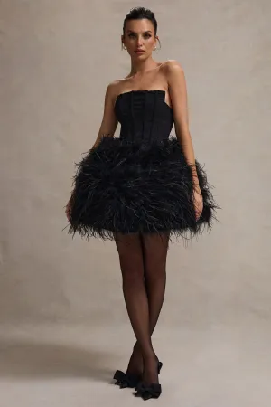 Peaches | Black Strapless Mini Dress With Volume Feather Hem Club L London