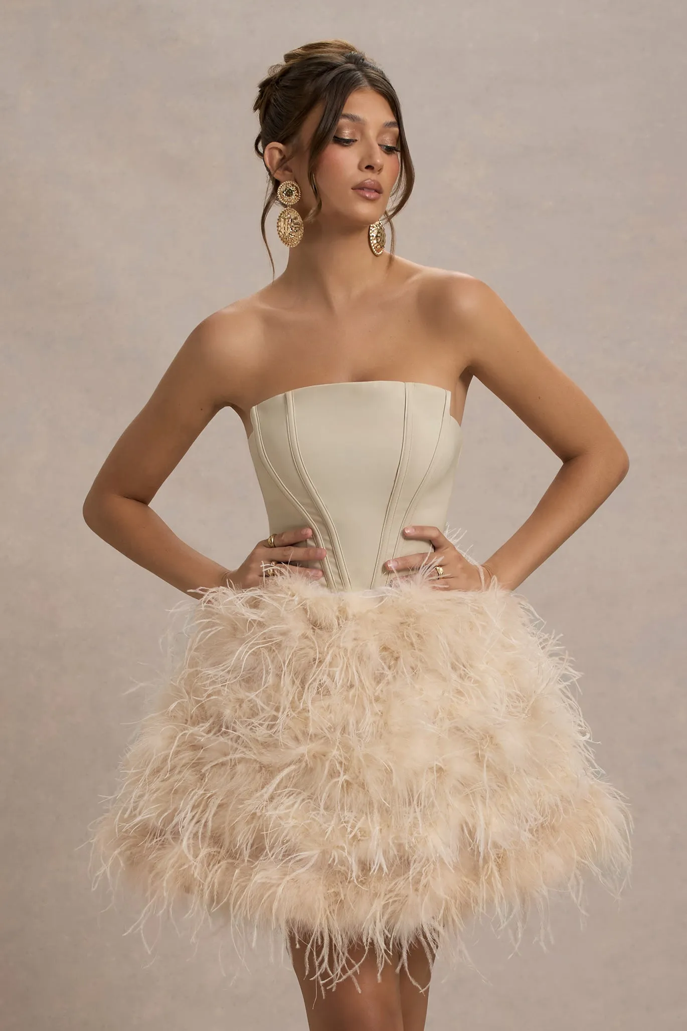 Peaches | Champagne Strapless Mini Dress With Volume Feather Hem Club L London