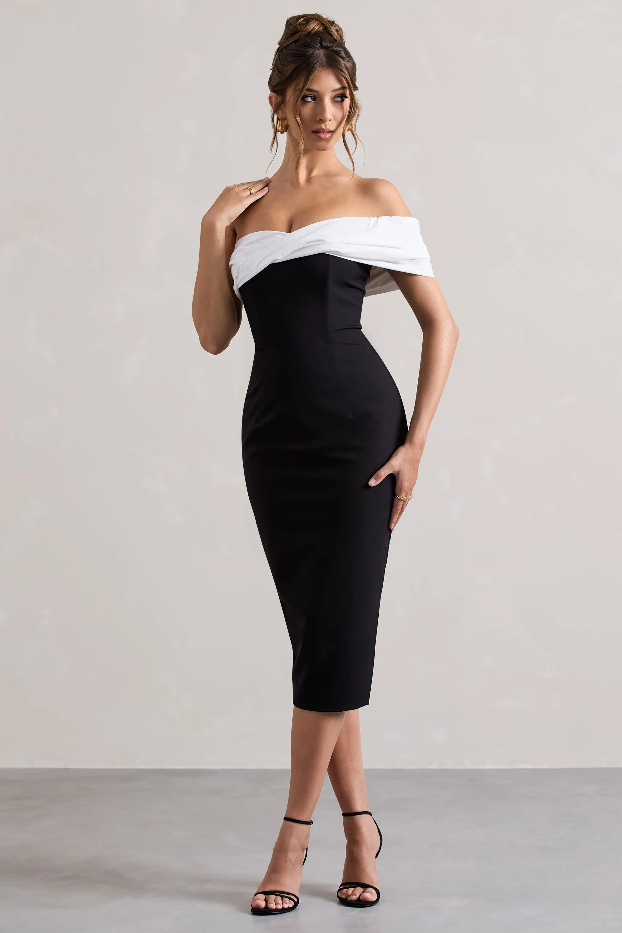 Pearl | Black Twisted Bardot Tailored Midi Dress Club L London