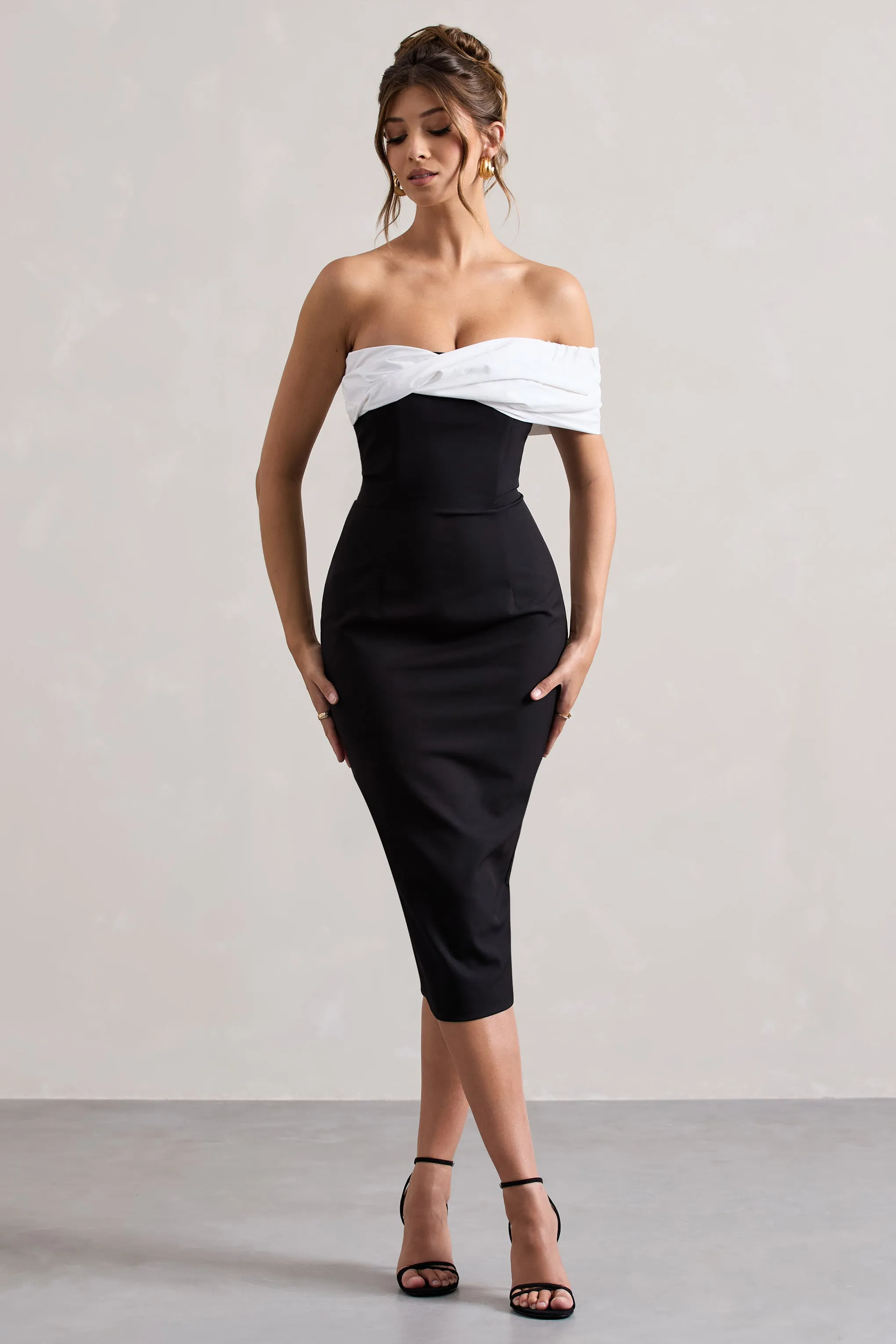 Pearl | Black Twisted Bardot Tailored Midi Dress Club L London