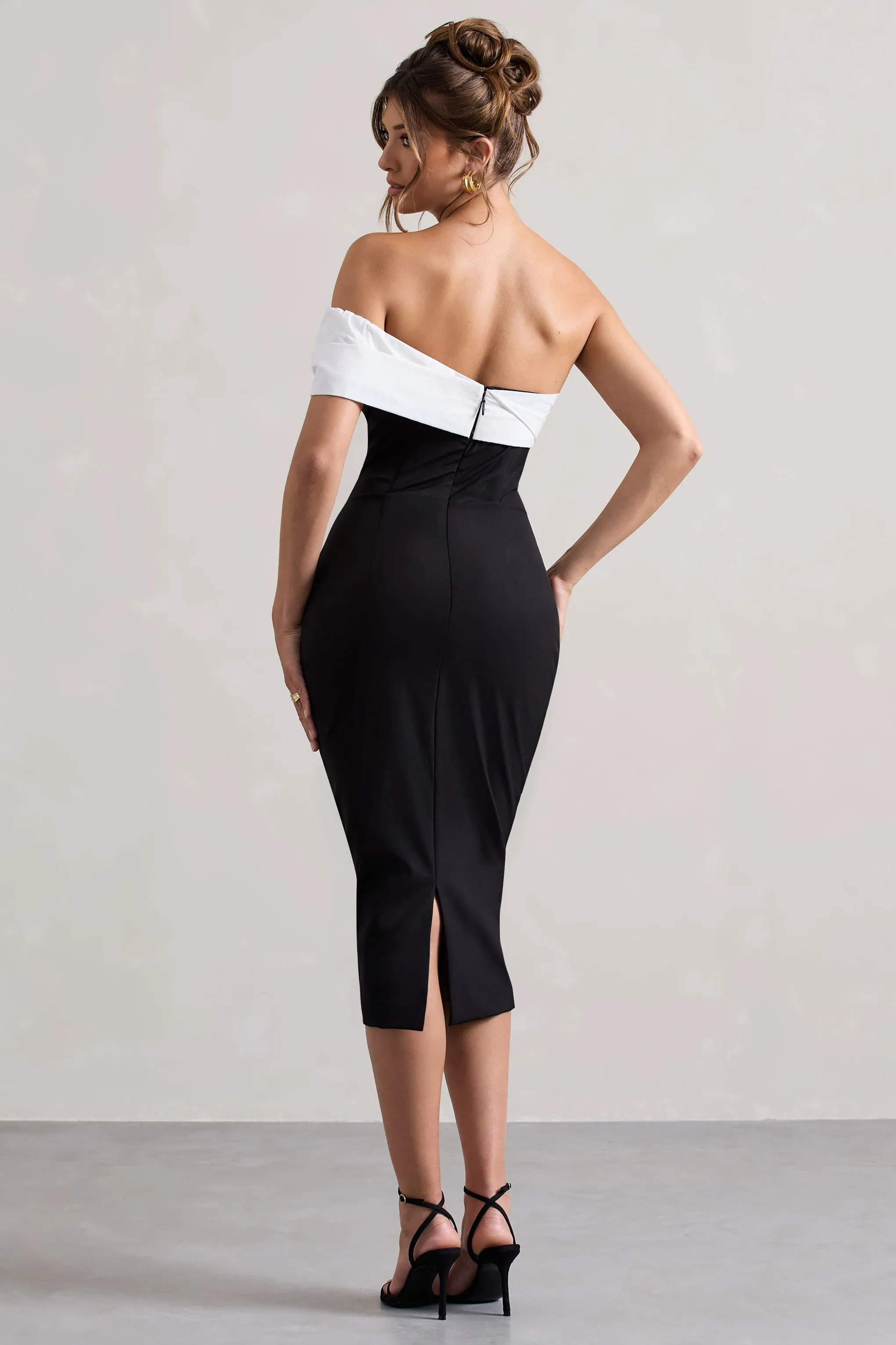 Pearl | Black Twisted Bardot Tailored Midi Dress Club L London