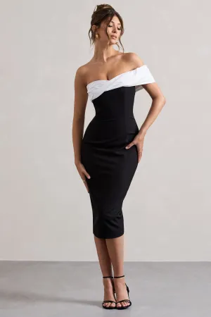 Pearl | Black Twisted Bardot Tailored Midi Dress Club L London