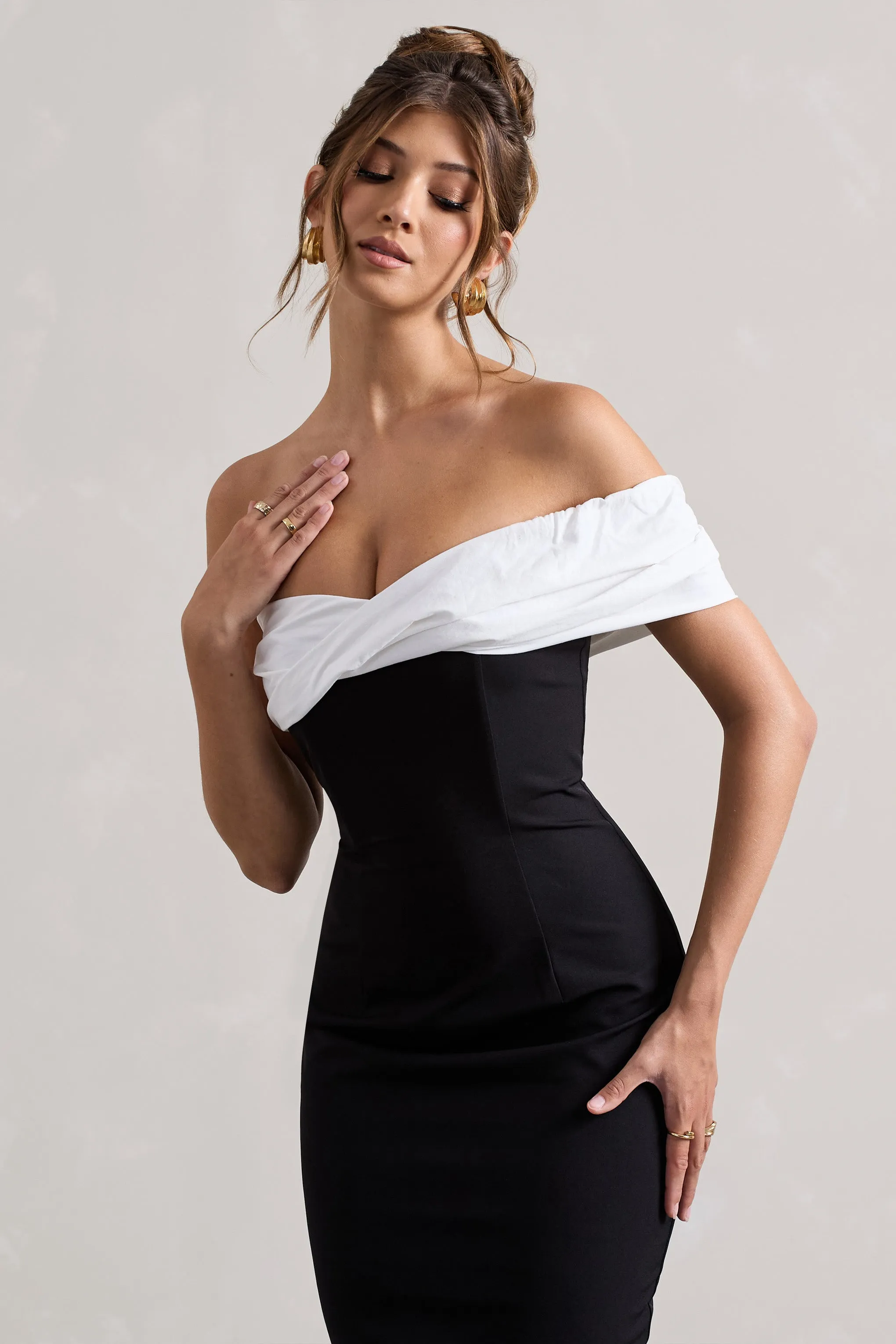 Pearl | Black Twisted Bardot Tailored Midi Dress Club L London