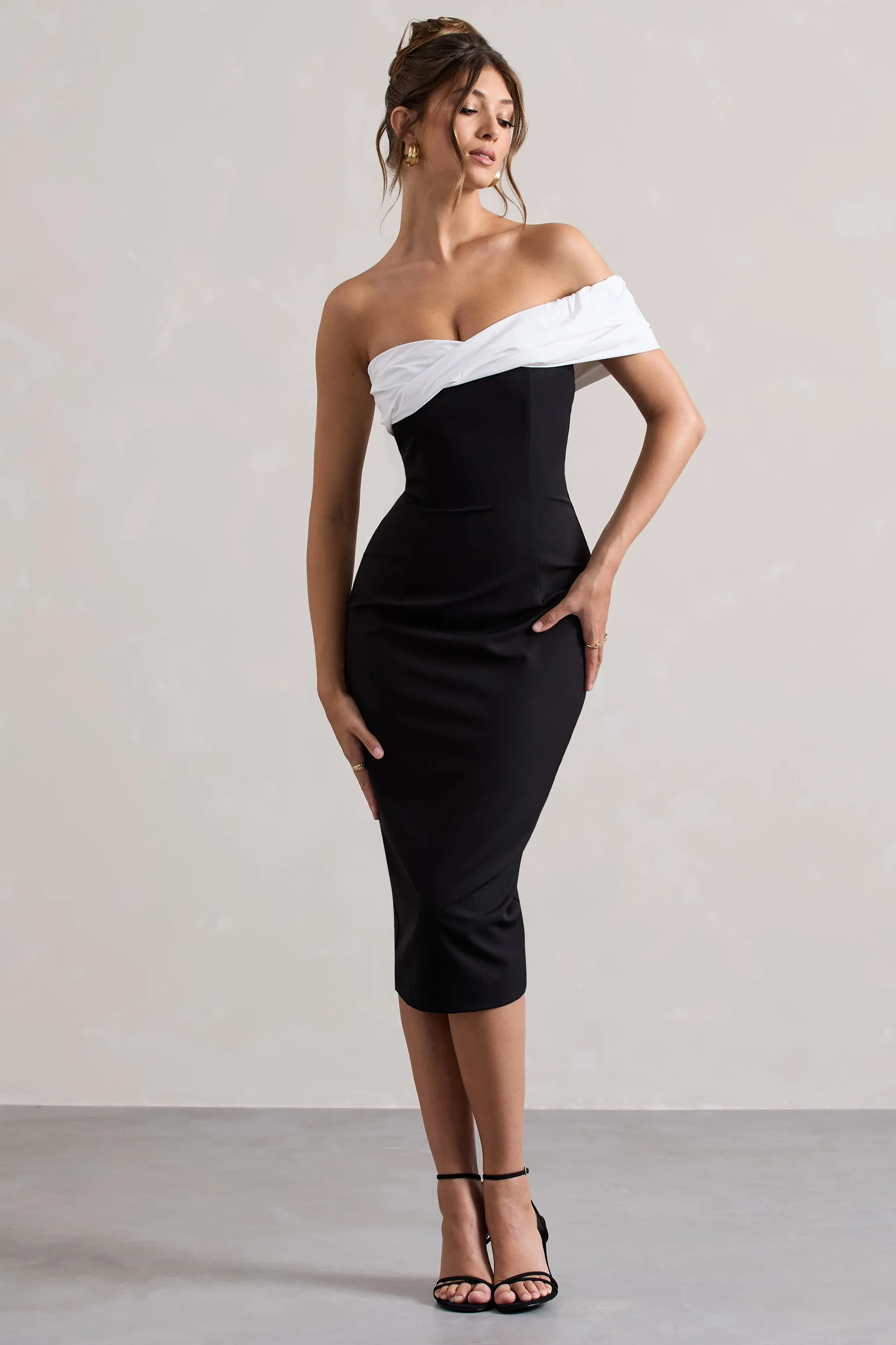 Pearl | Black Twisted Bardot Tailored Midi Dress Club L London