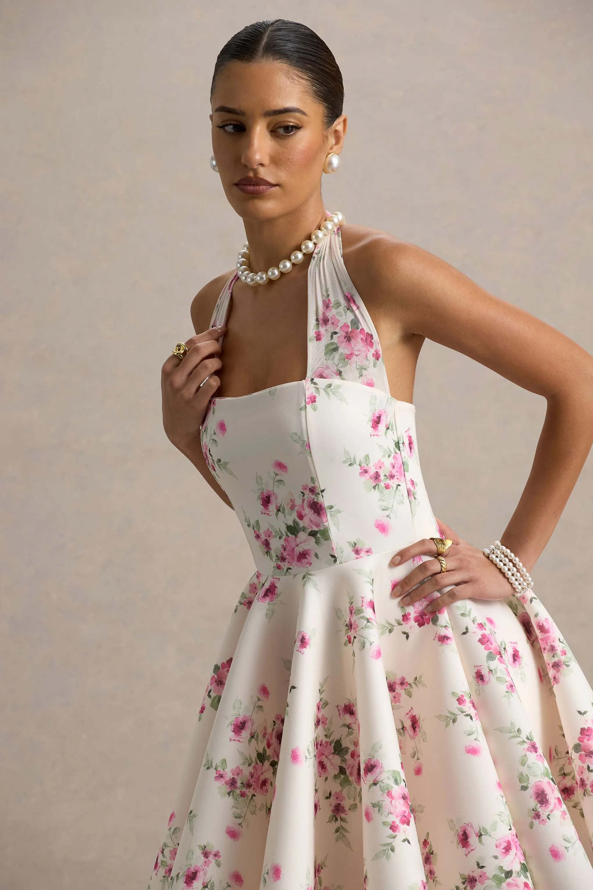 Peggy | Cream and Pink Halter-Neck Skater Mini Dress Club L London