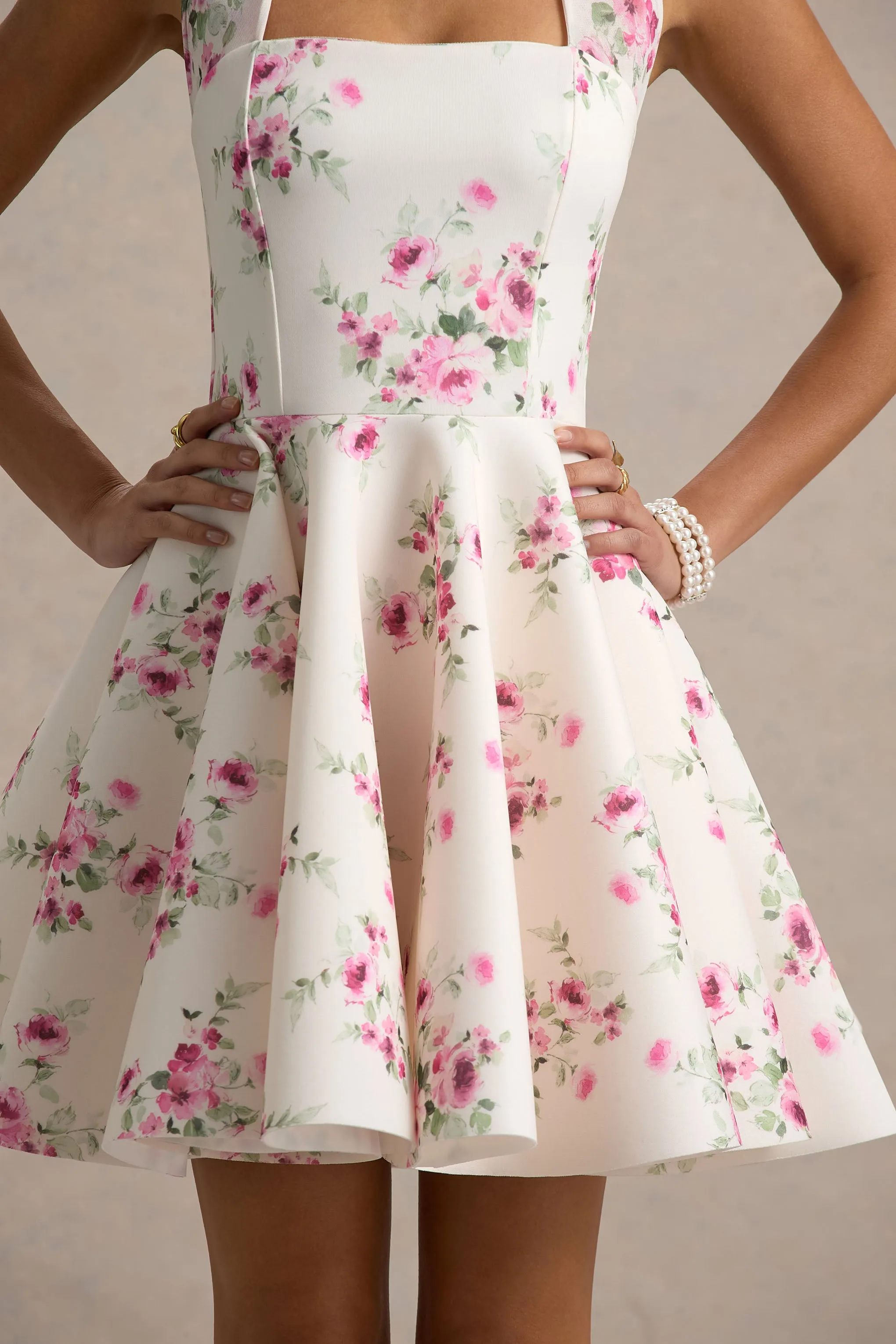 Peggy | Cream and Pink Halter-Neck Skater Mini Dress Club L London