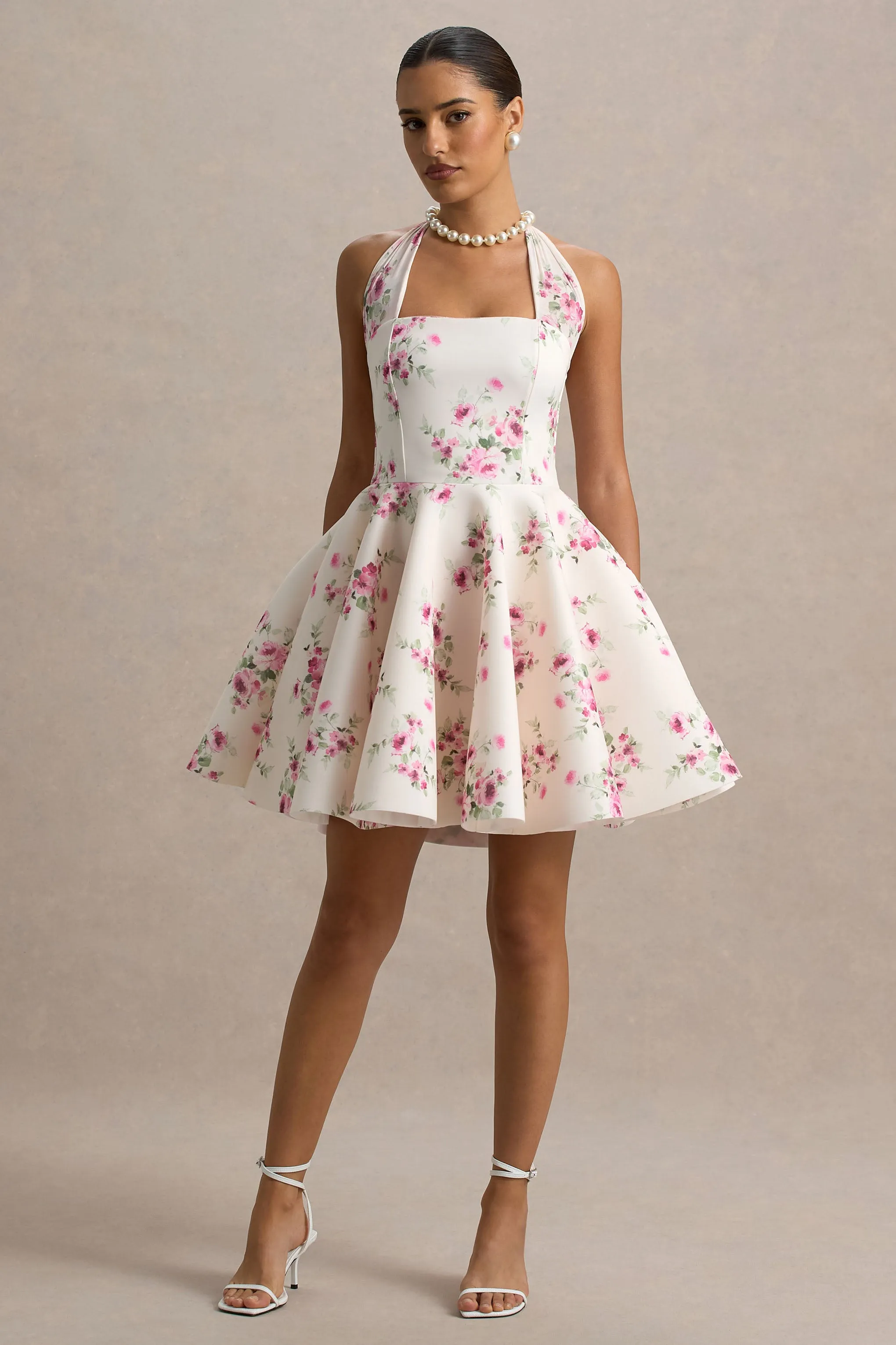 Peggy | Cream and Pink Halter-Neck Skater Mini Dress Club L London
