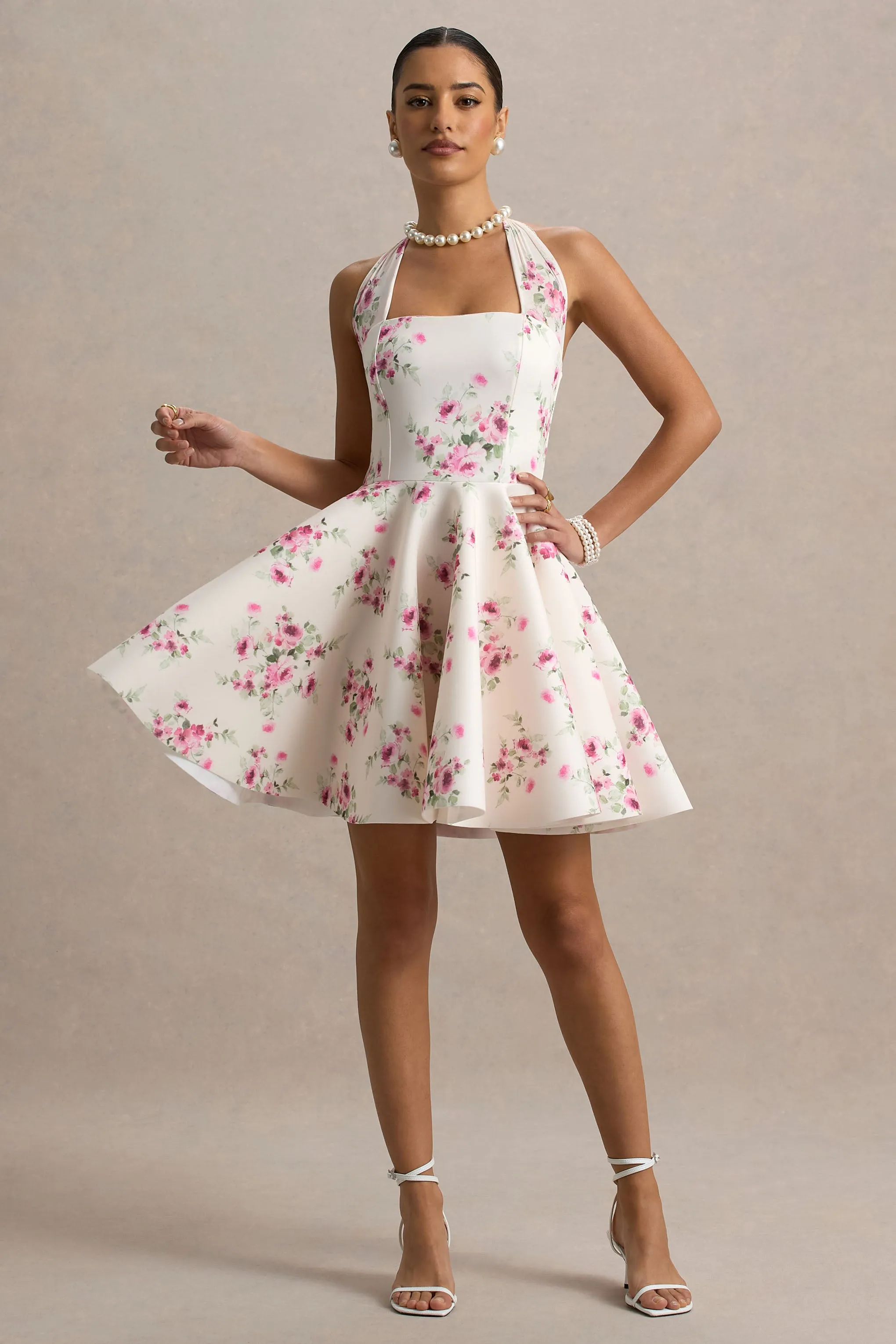 Peggy | Cream and Pink Halter-Neck Skater Mini Dress Club L London