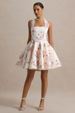 Peggy | Cream and Pink Halter-Neck Skater Mini Dress Club L London